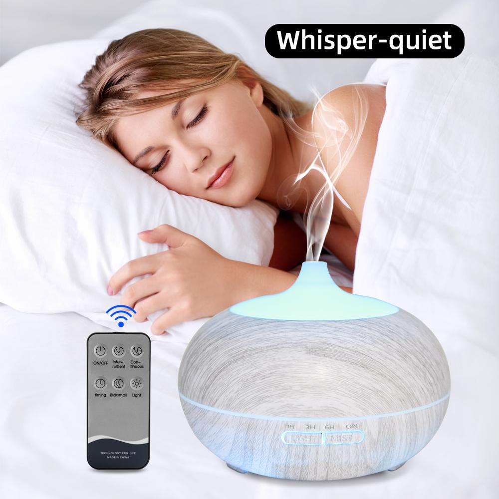 550ml Wood Grain Aromatherapy Diffuser with Remote, 6 Essential Oils & 7 Color LED Light