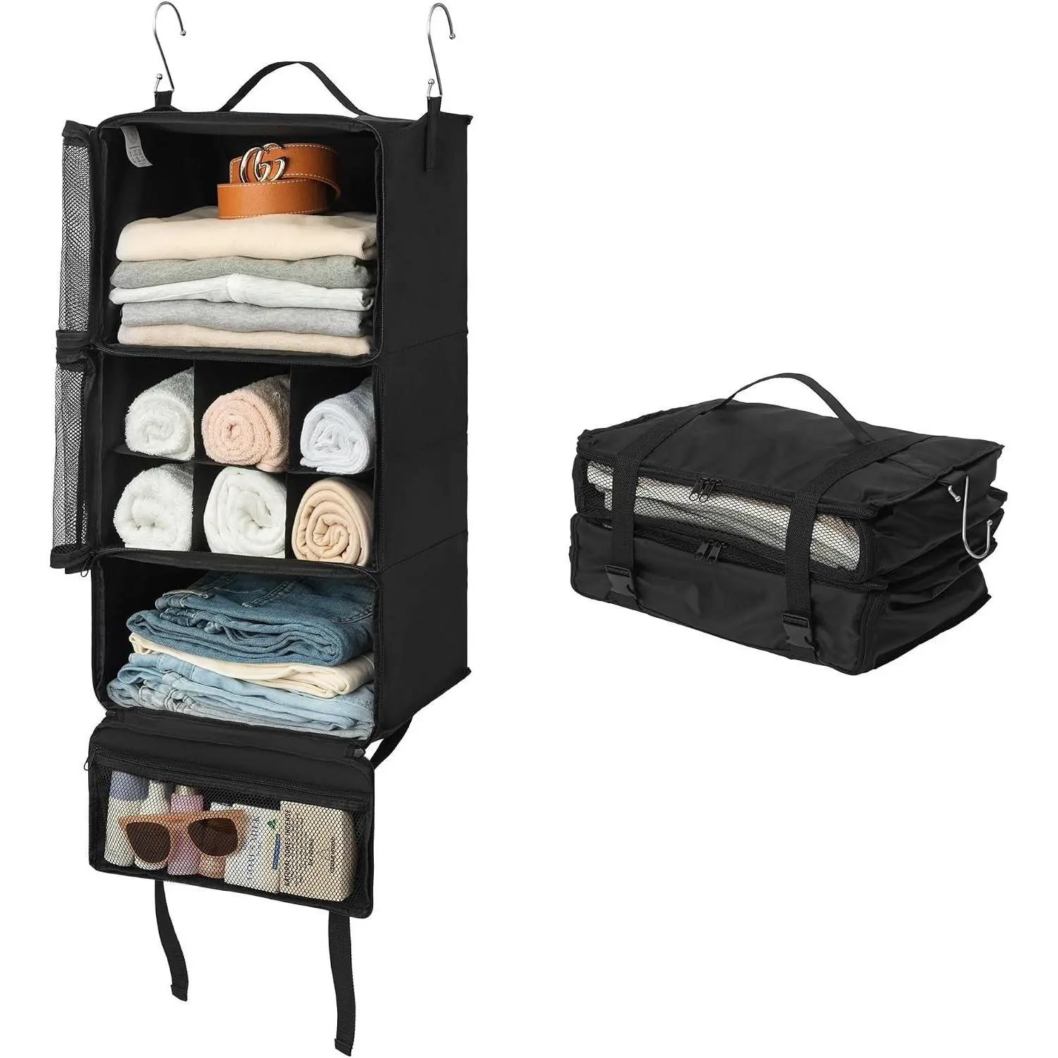 Hanging Packing Cubes for Travel, Large Portable Hanging Suitcase Organizer, Foldable Compression Luggage Organizer Bags for Clothes, Carry on Closet Suitcase, XL-Black Travel Shelves