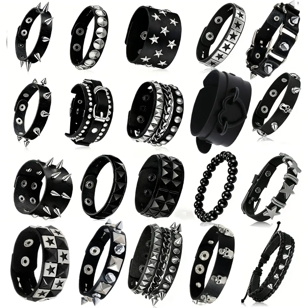 Adjustable Skull Motif Spike-Studded Rivet Faux Leather Bracelet Cuff - 6/13/20Pcs, Punk Rock Gothic Black, All-Seasons Daily Wear, for Men, Matching Pairs Fashion Costume Jewelry