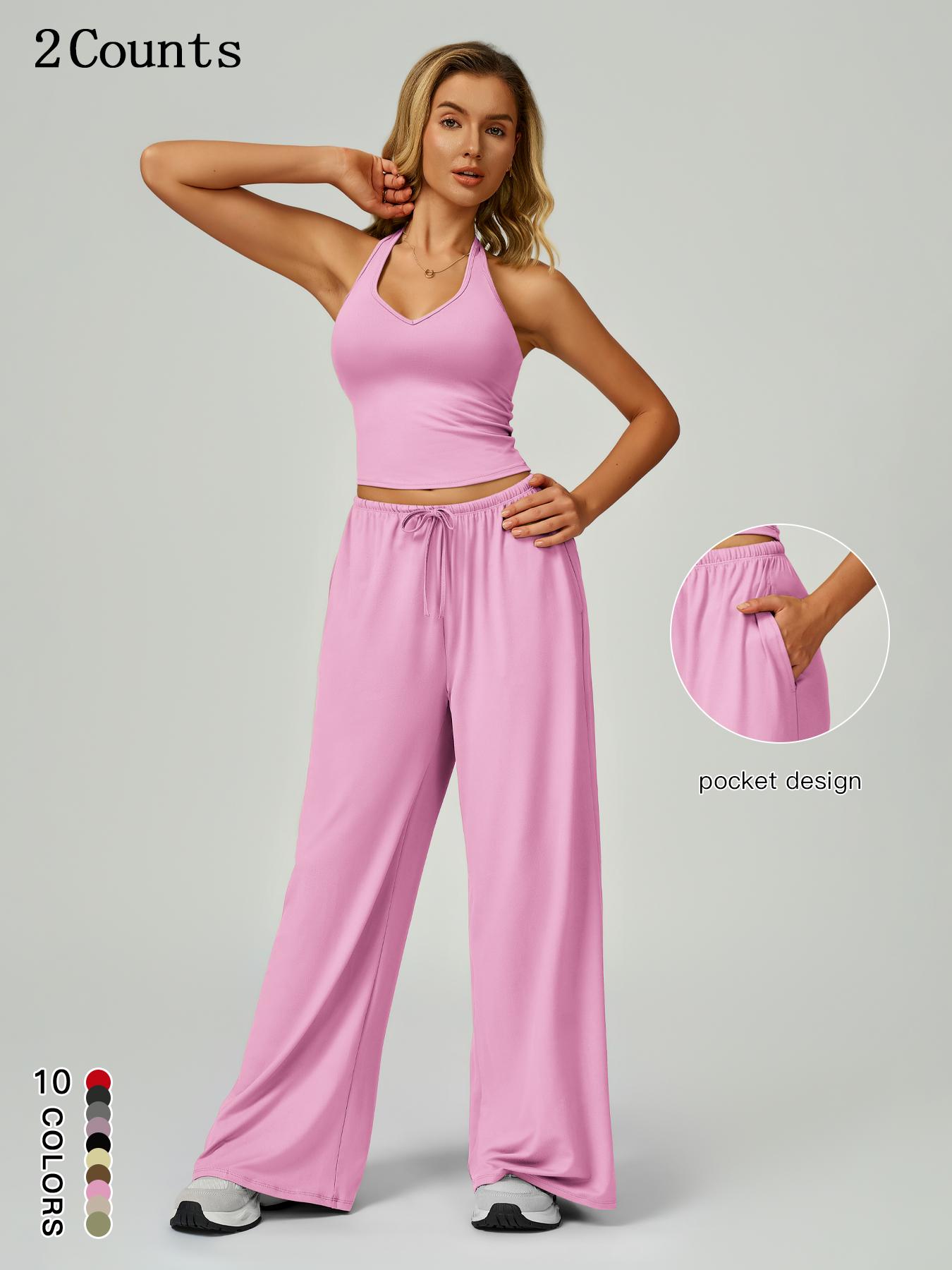 Women's Solid Crop Tank Top & Wide Leg Pants Set, Casual V Neck Sleeveless Top & Trousers for Daily Outdoor Wear, Ladies Sportswear for Summer Sports, Yoga and Airport Outfits, Gym Outfit Women's Solid Crop Tank Top & Wide Leg Pants Set, Casual V Neck Sleeveless Top & Trousers for Daily Outdoor Wear, Ladies Sportswear for Summer Sports, Yoga and Airport Outfits, Gym Outfit