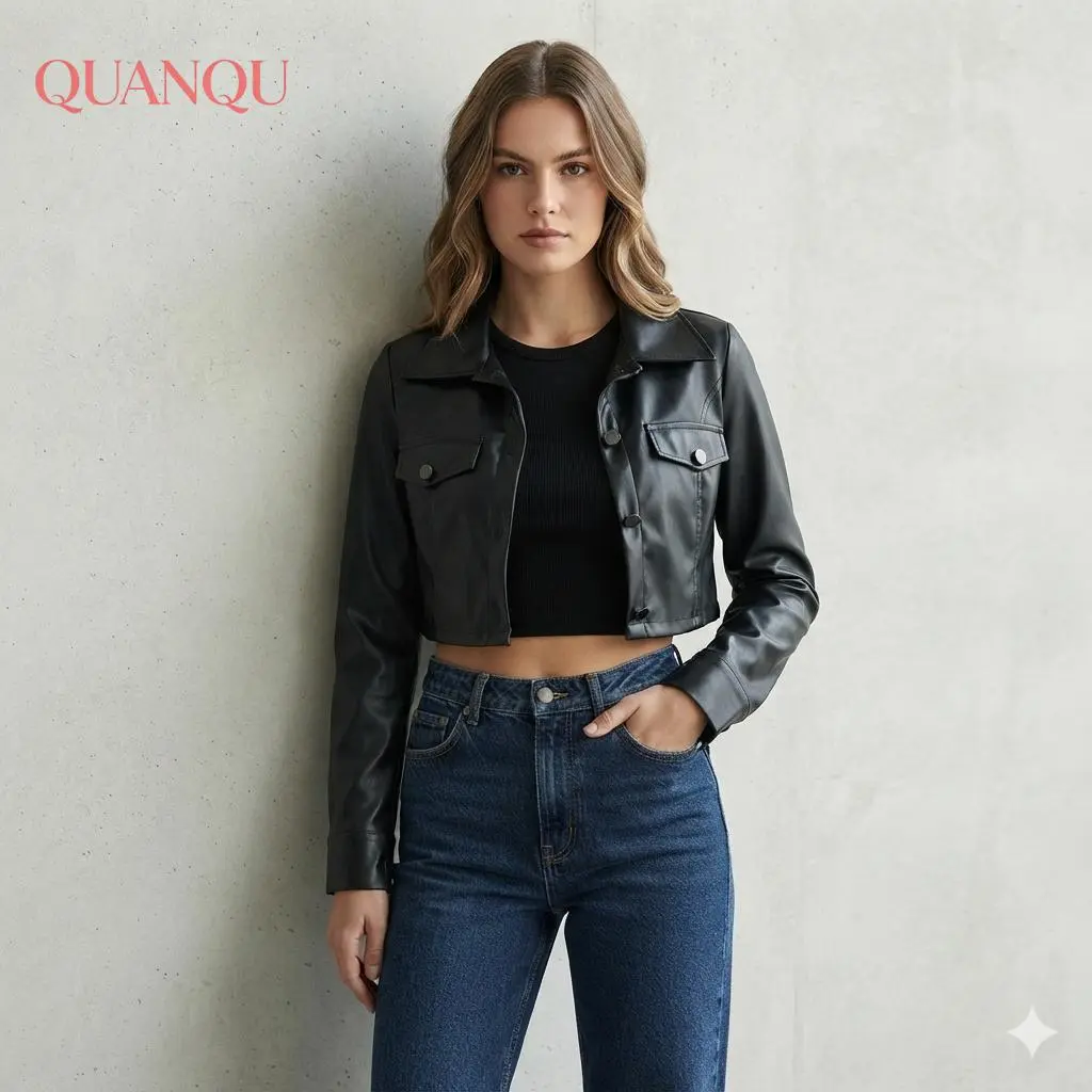 Women Crop Leather Jacket Fashion Solid Color Casual Long Sleeve Button Down Jacket Fall Outwear