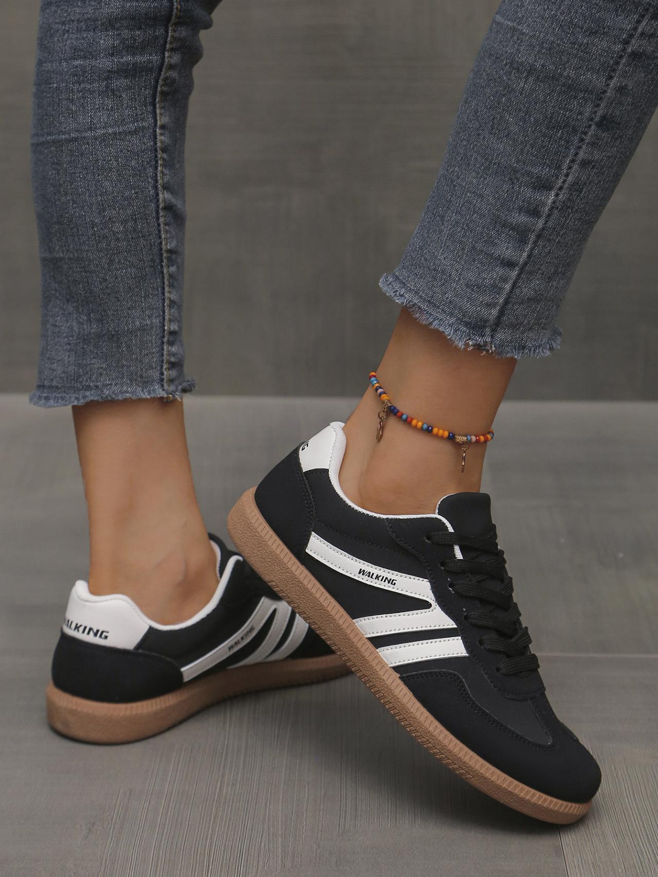 Women's Fashionable Patchwork Lace Up Low Top Casual Flat Sneakers , Casual Comfortable Sports Walking Shoes for Daily Wear, GAT Female All-match Round Toe Casual Shoes for Women & Girls SpringStatements