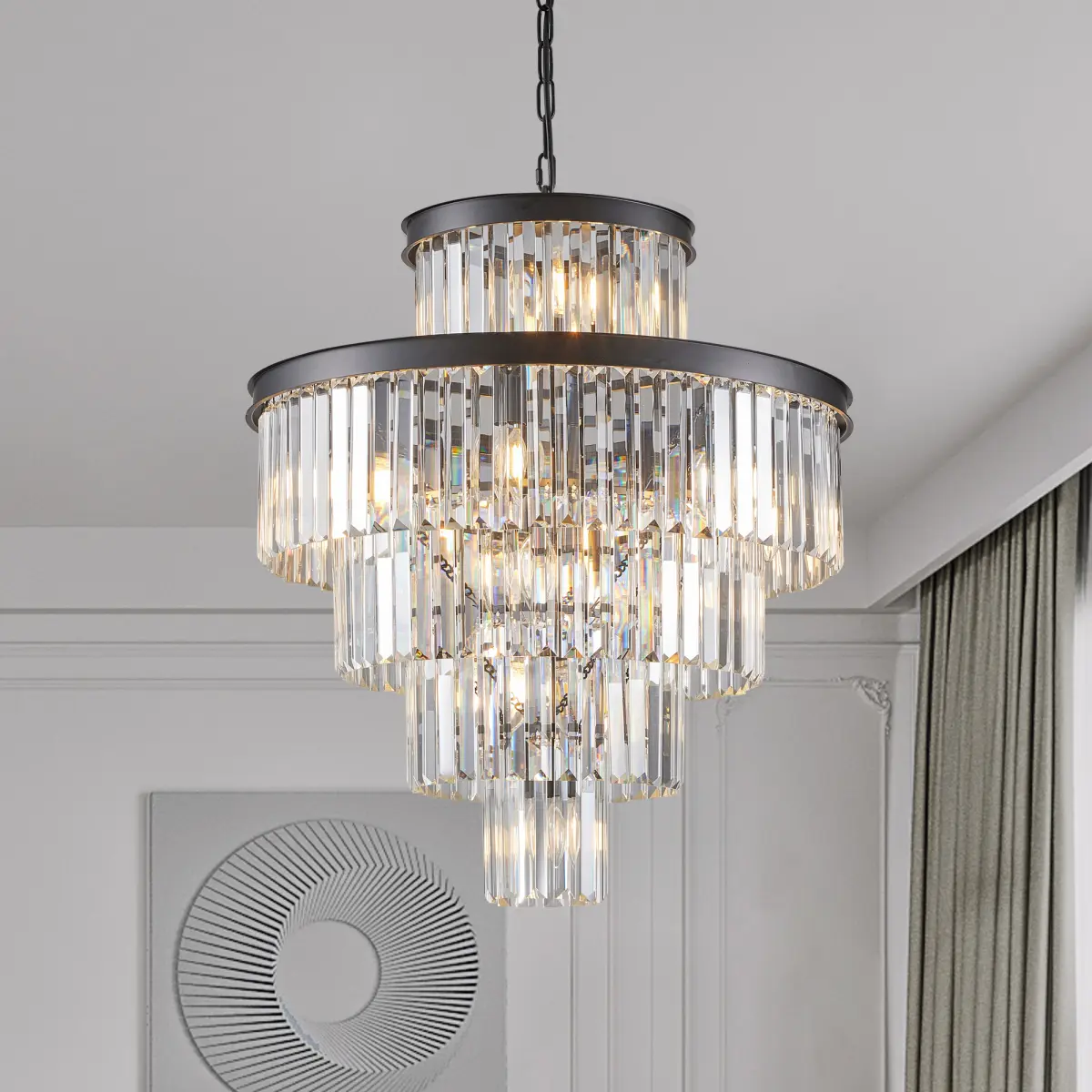24" Luxury Crystal Chandelier with Black Finish – Elegant 15-Light 5 Tier Pendant Light Fixture for Living Room, Dining Room, or Entryway (Bulb Not Included)