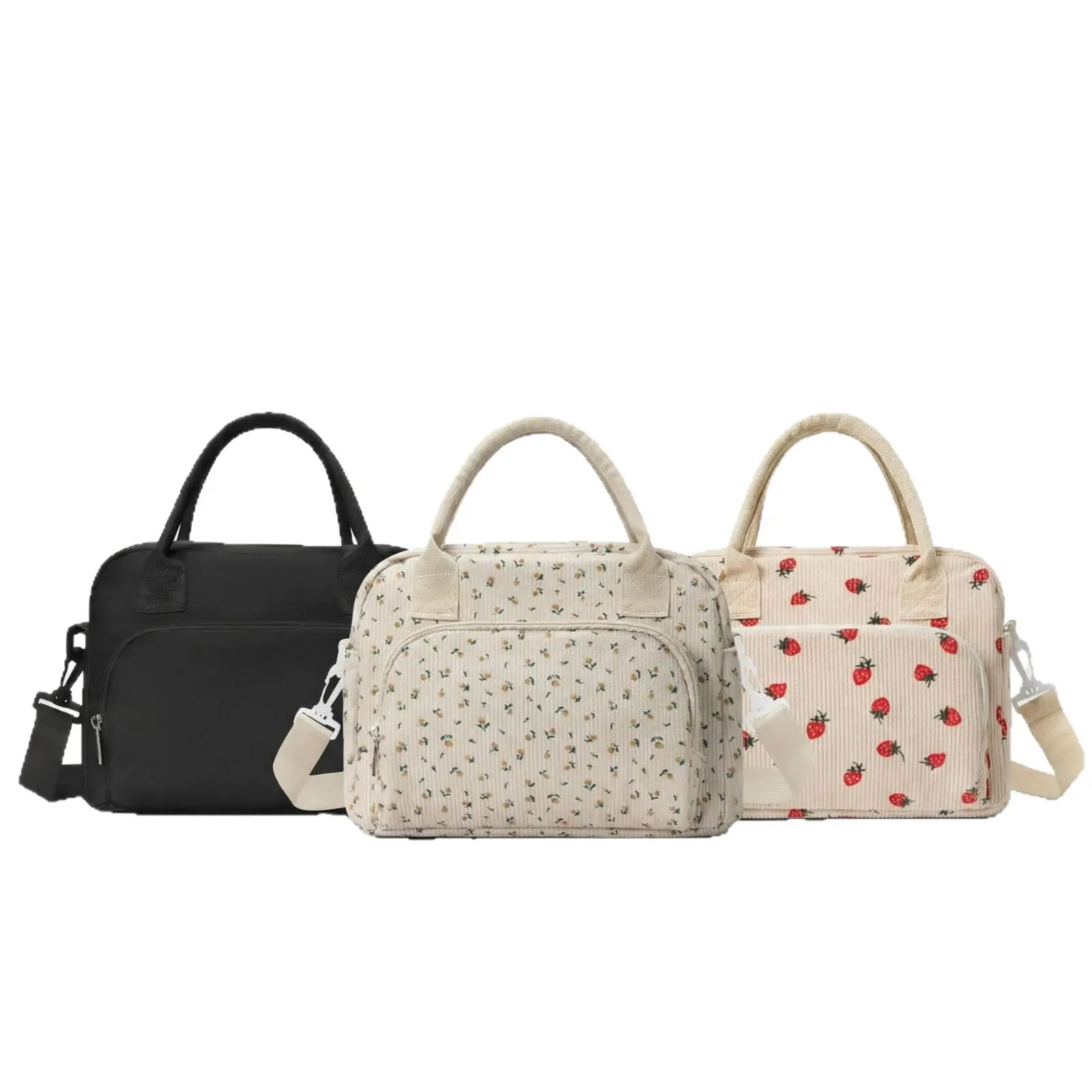 Women's Corduroy Lunch Bag with Strawberry Print - Large Casual Tote, Insulated Inner, Waterproof Recycled Mix Fabric, Multiple Pockets for Work/Picnic (Lunch Bags for Women)