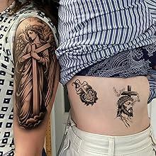 77 Sheets Christian Cross Temporary Tattoo for Women Men, 17 Sheets Half Arm Large Religious Jesus God Fake Tattoos, 60 Sheets Angels Black Christ Tiny for Adult Kids Body Tattoos Stickers Realistic