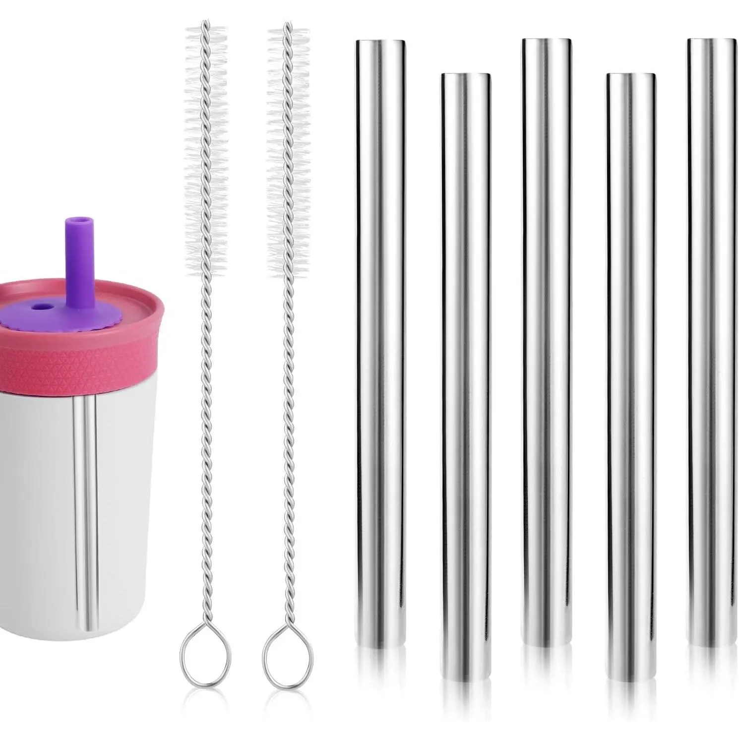 5 count Metal Straw for   12 OZ Tumbler ,  Stainless Steel  Straws with 2 count Cleaning Brushes Compatible with  15 OZ Plastic Tumbler Water Bottle Accessories