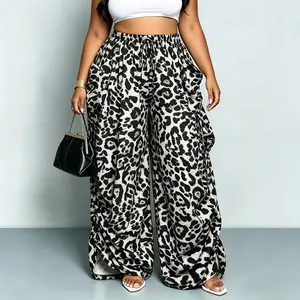 Women's Leopard Print Wide Leg Pants High Waisted Baggy Harem Trousers Casual Loose Drawstring Streetwear Pants Lightweight Y2K Boho Fashion