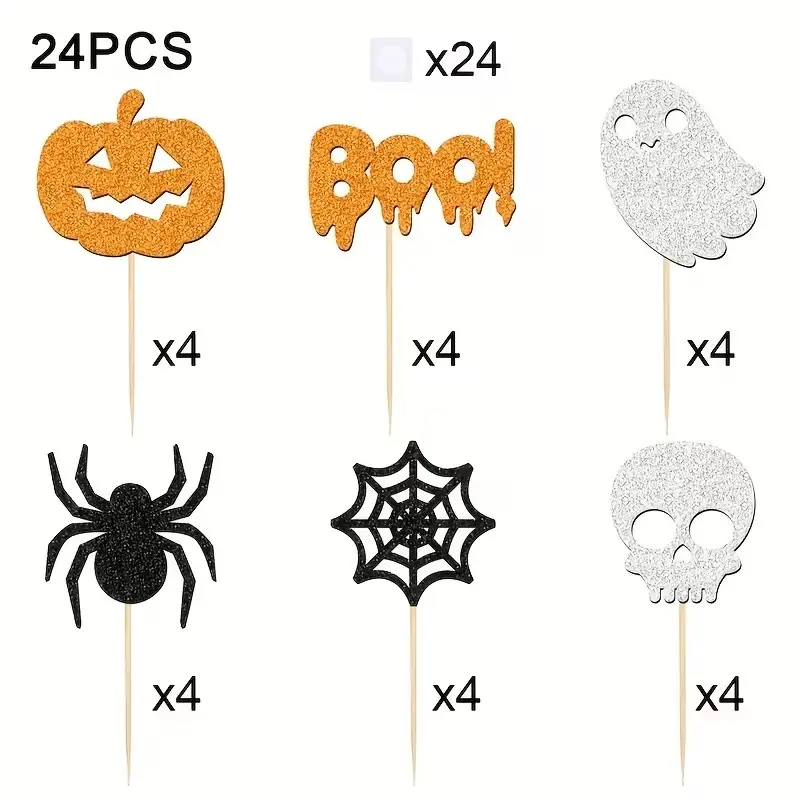 24 Shiny Halloween Cake Decorations, Bamboo Toppers with Pumpkin, Boo, Ghost, Spider, Spider Web, Skull Designs, Wedding & Birthday Party Supplies