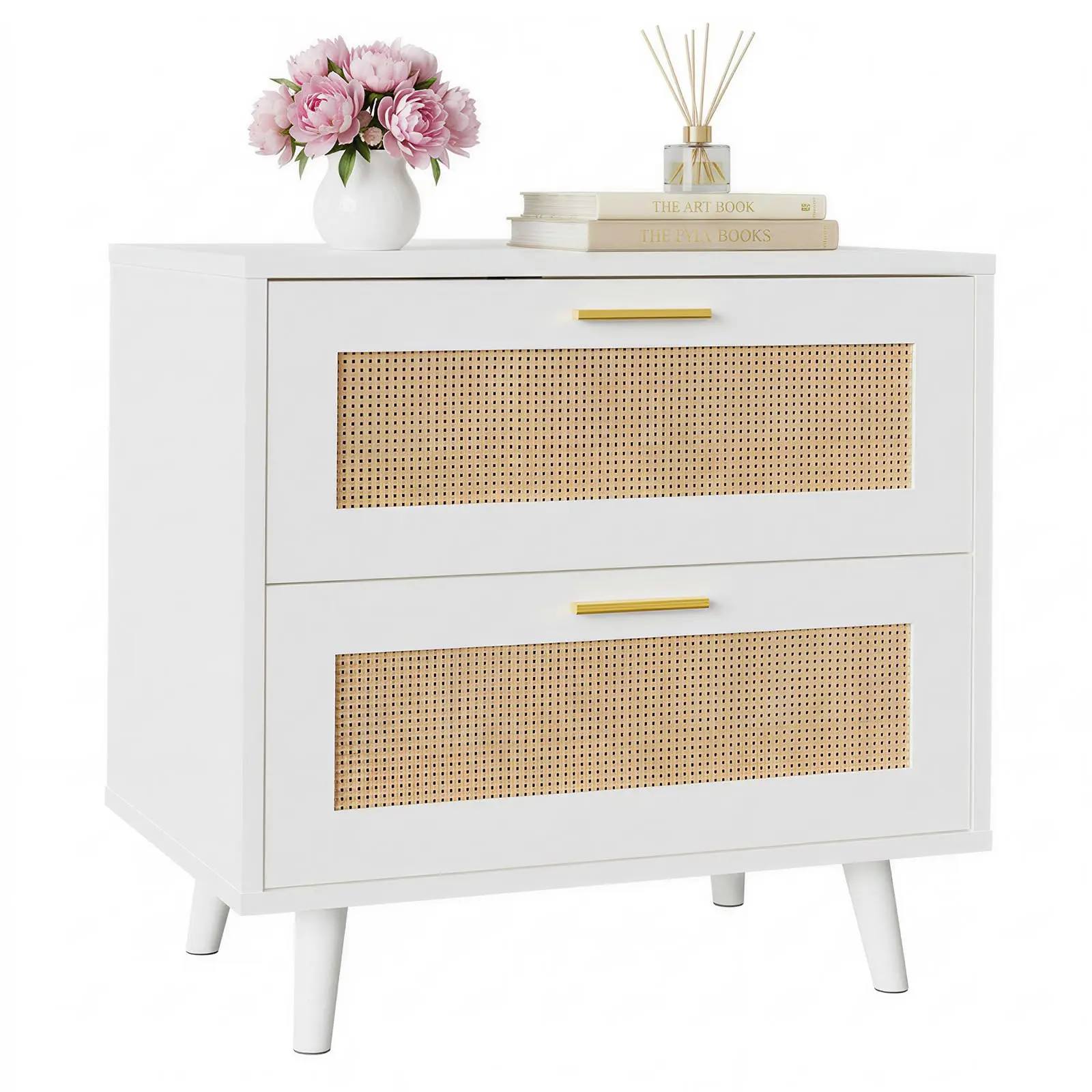 Boho Cane Rattan Bedside Table with Charging Station, 2 Drawer Wooden Nightstand Built-in USB Ports & Power Outlets, Rustic Oak End Side Table for Bedroom Decor