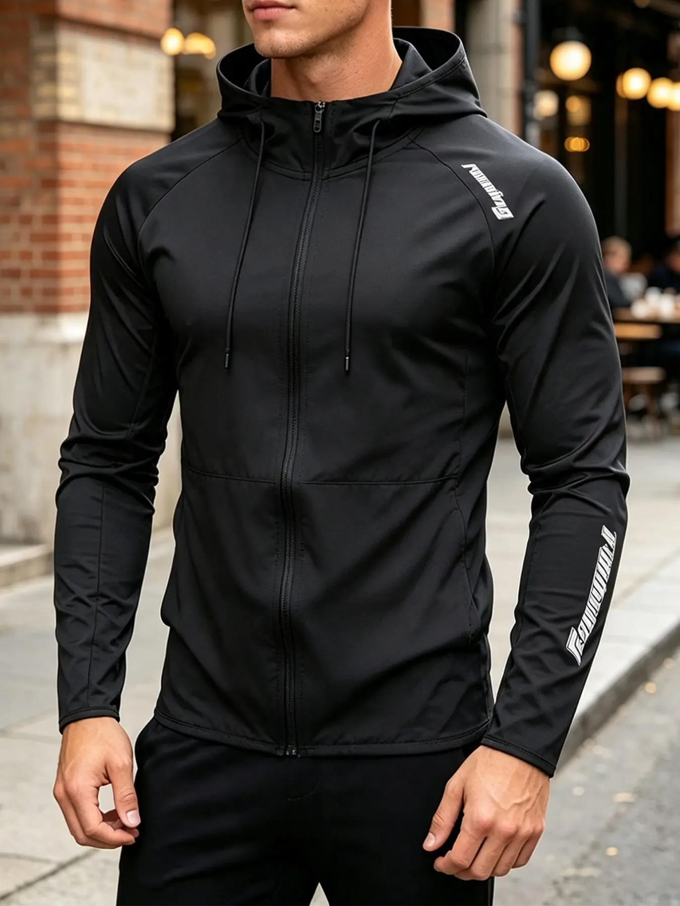 Men's Hooded Sport Long Sleeve Jacket, Breathable Elastic Zipper Open Front, Full Zip Top, All Seasons Wear, Casual Fitted Style