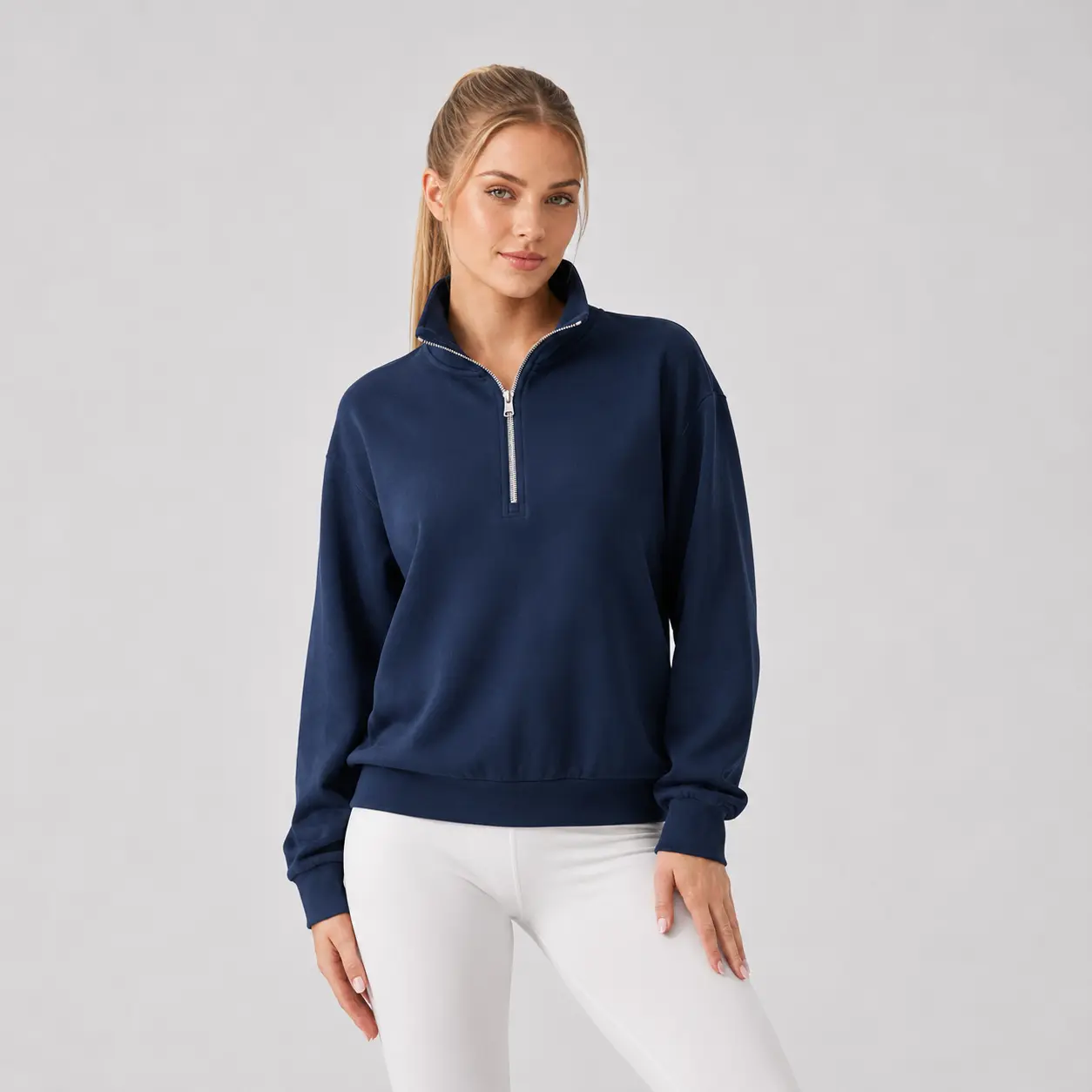 Women’s Half Zip Pullover Sweatshirt, Relaxed Fit Stand Collar Long Sleeve Top with Ribbed Cuffs and Hem, Solid Color Casual Everyday Layer for Fall, Winter, Weekend, Travel and Athleisure Outfits