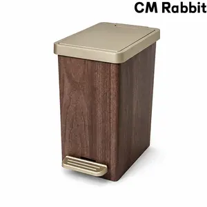 Wood Grain Slim Rectangular Pedal Trash Can with Liner Retaining Ring, Foot Operated Silent Slow Close Lidded Waste Bin, Gold Trim Decor Garbage Bin for Bathroom Kitchen Bedroom Small Apartment gallon   trash can