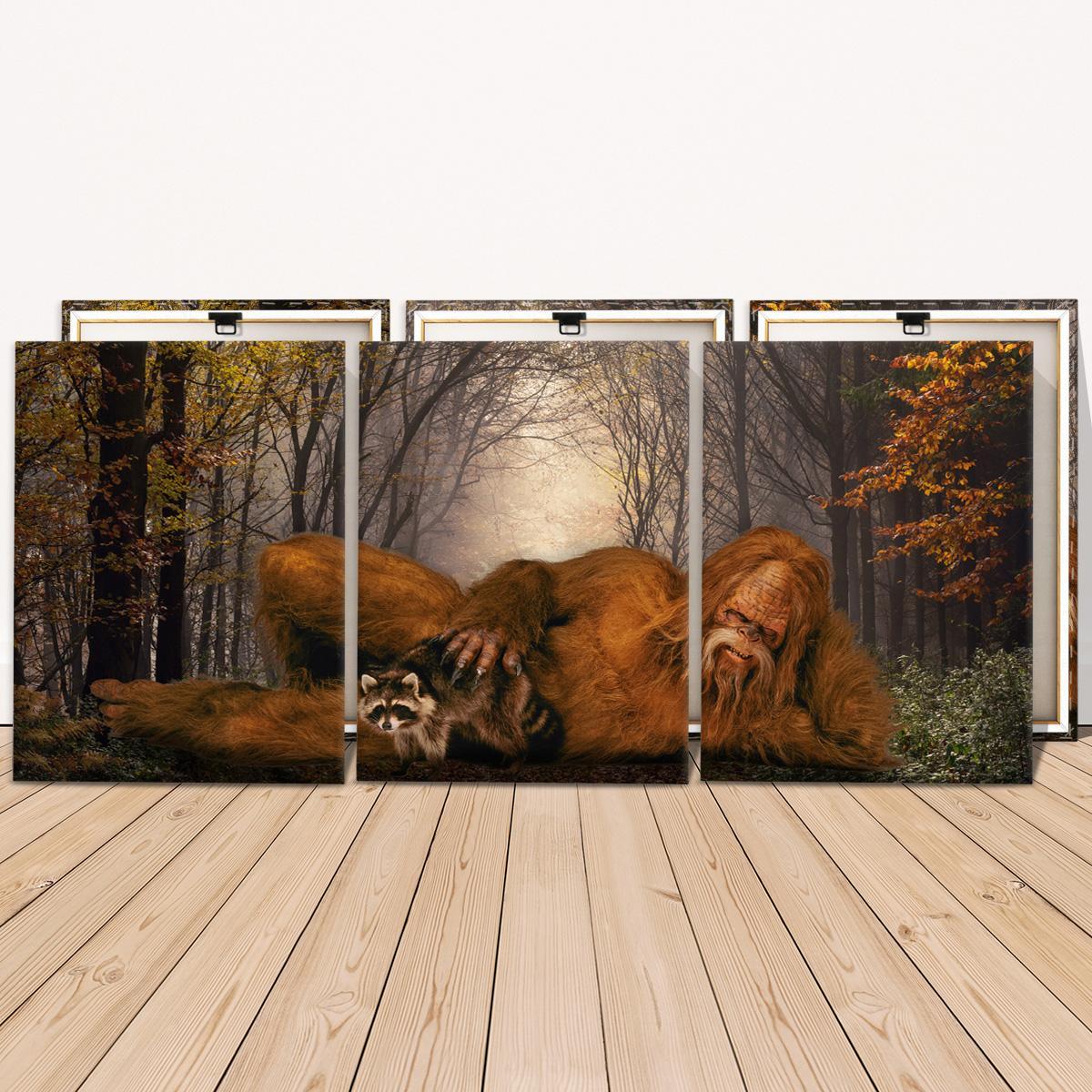 Wooden Framed Canvas Painting, 3 Counts/set Sasquatch & Animal & Tree Pattern Wall Art, Modern Wall Decor for Home Living Room Bedroom Office, Modern Home Decoration
