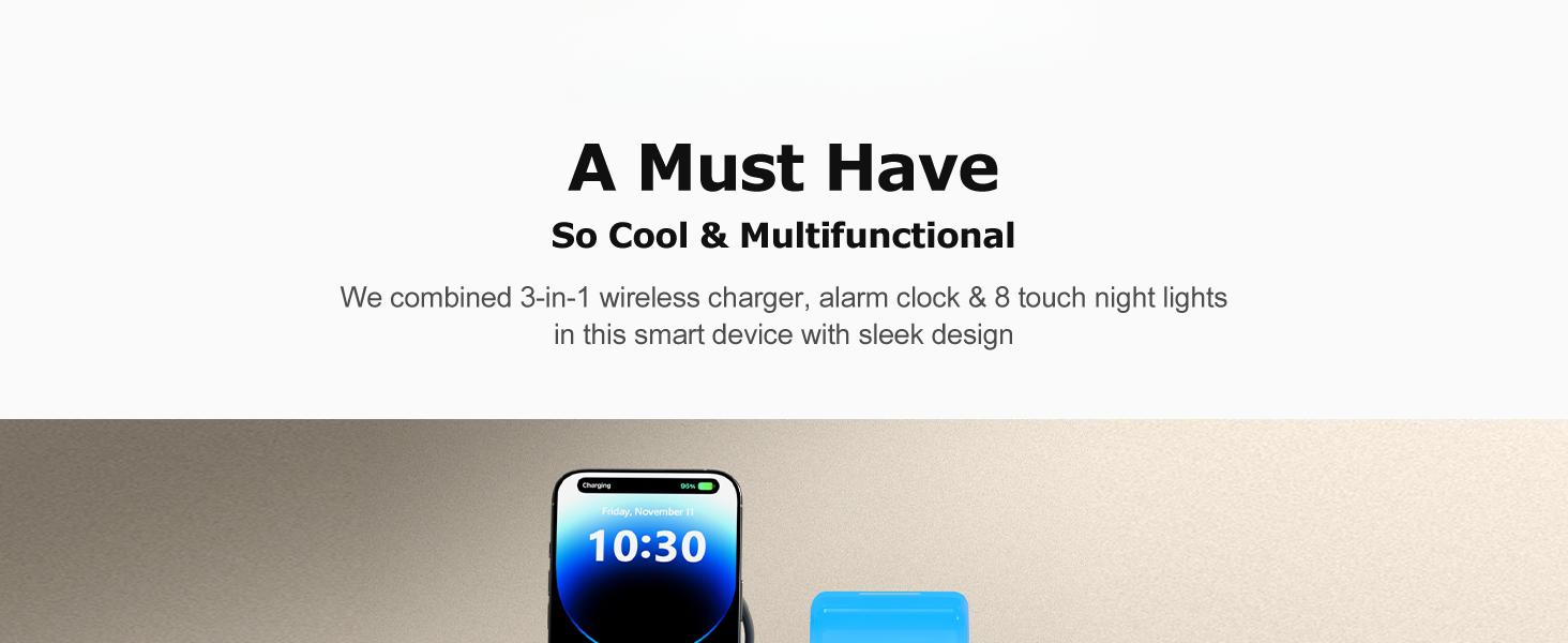 Wireless Charging Station Alarm Clock with 8 Touch Night Lights: 5 in 1 Charger Stand for Apple Devices - Charging Dock for iPhone 17 16 15 14 13 12 Pro Max Plus/Apple Watch/AirPods, Dimmable