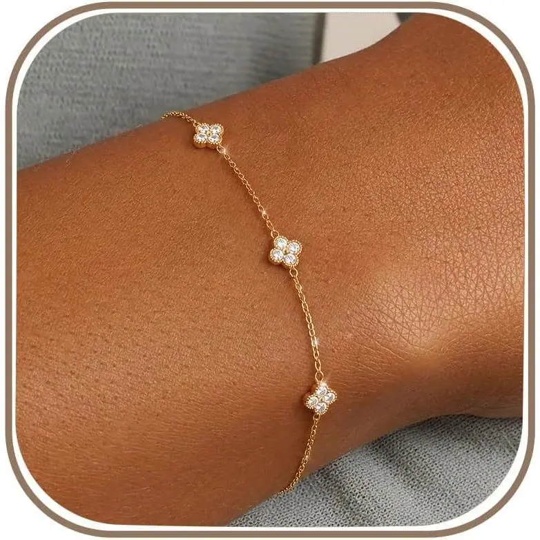 Dainty Silver Gold Bracelets for Women Trendy Non Tarnish 14K Gold Plated Cute Clover Bracelet Stackable Daisy Cubic Zirconia Diamond Charm Bracelet Stack Waterproof Jewelry Gifts