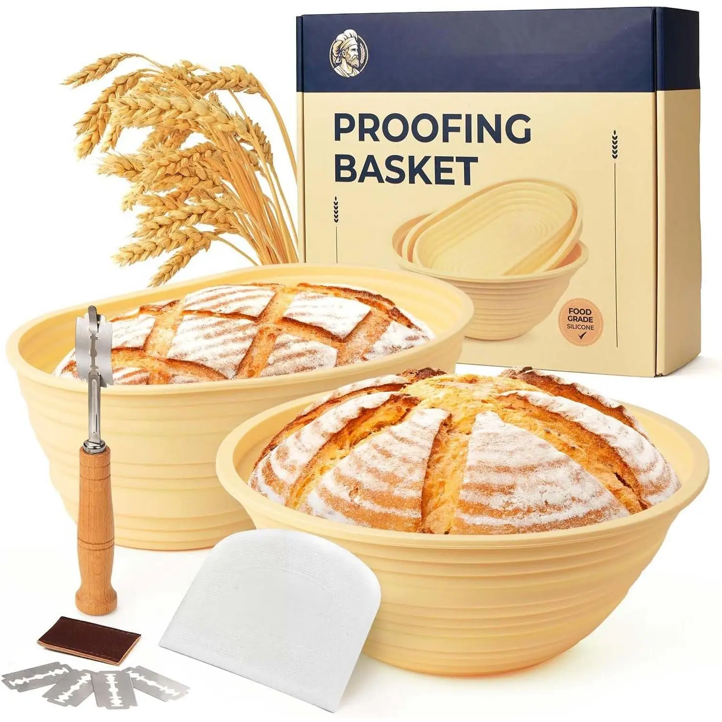 Banneton Proofing Basket Kit, Sourdough Bread Baking Supplies | Foldable & Dishwasher Safe, Oven & Microwave Safe, 9" Round & 10" Oval, with Bread Lame & Scraper, -Grade