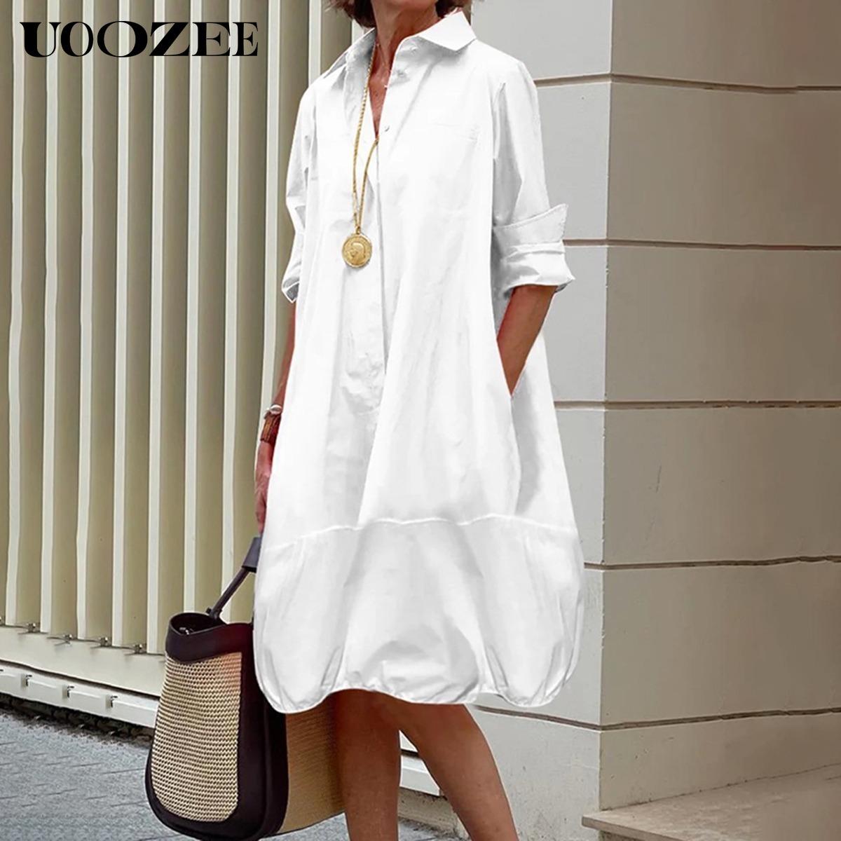UOOZEE Women's Button Front Long Sleeve Loose Minimalist Lapel Midi Dress Shirt Dress Casual Summer Dress Lightweight Cotton Fabric, Multi-Color, With Pockets, Suitable for All Seasons, Suitable for Multiple Occasions