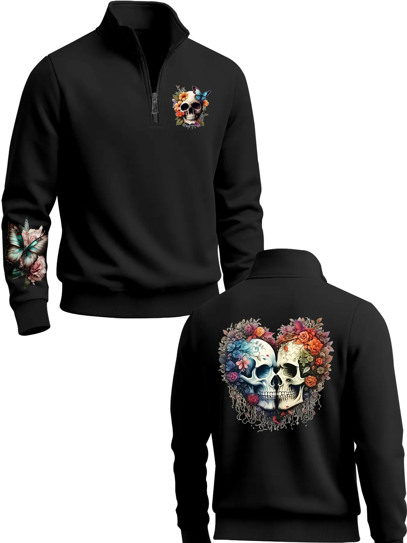 Men's Fashion Sporty Casual Zipper Jacket, Skull Floral Heart Print, Pocket Details, Knit Fabric, Polyester, Fall Winter Streetwear
