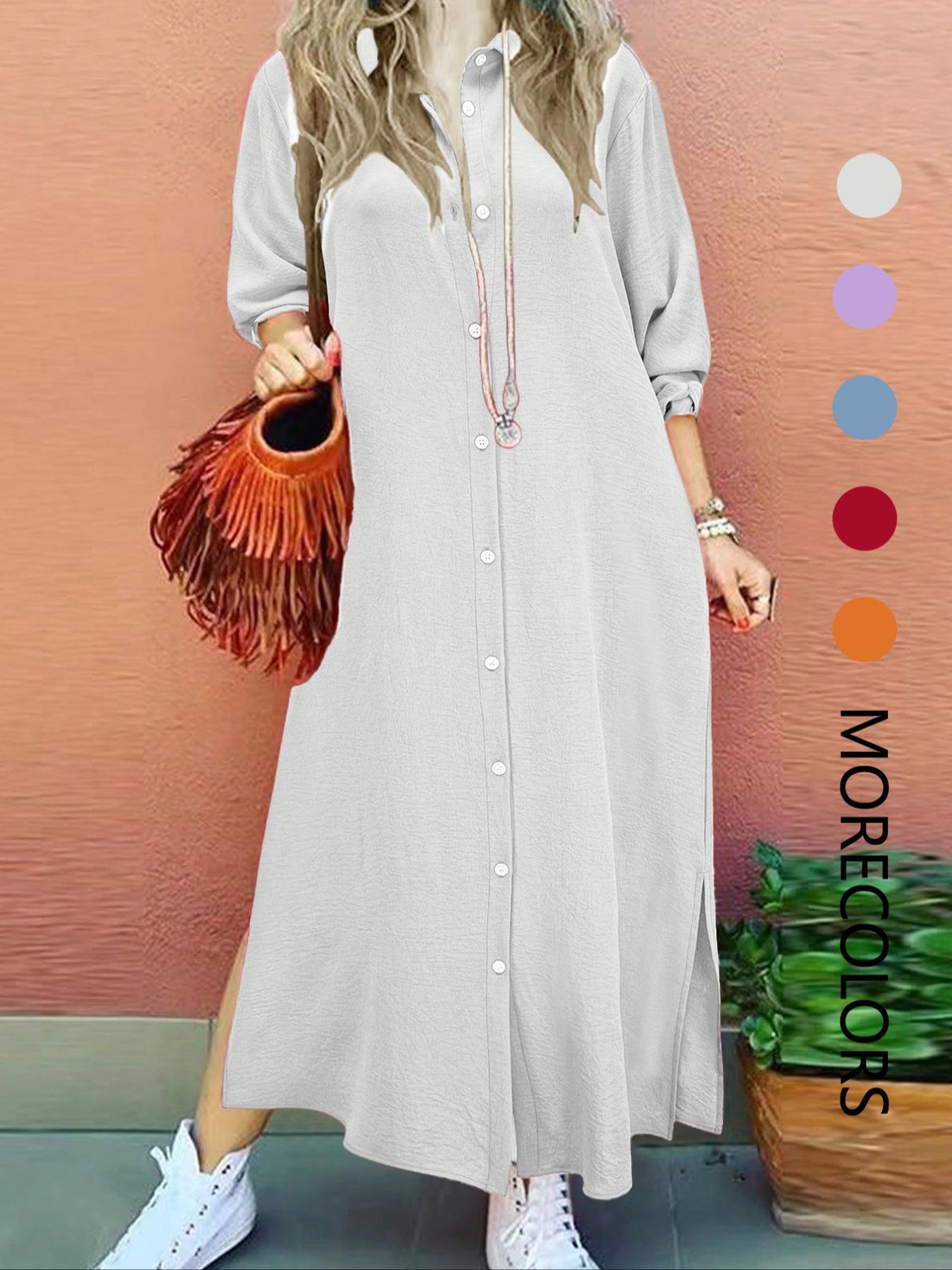 Women's Plain Collared Button Shirt Collar Long Sleeve Dress, Casual Fashion Long Dress for Daily Outdoor Wear, Women Dress for Spring, Womenswear