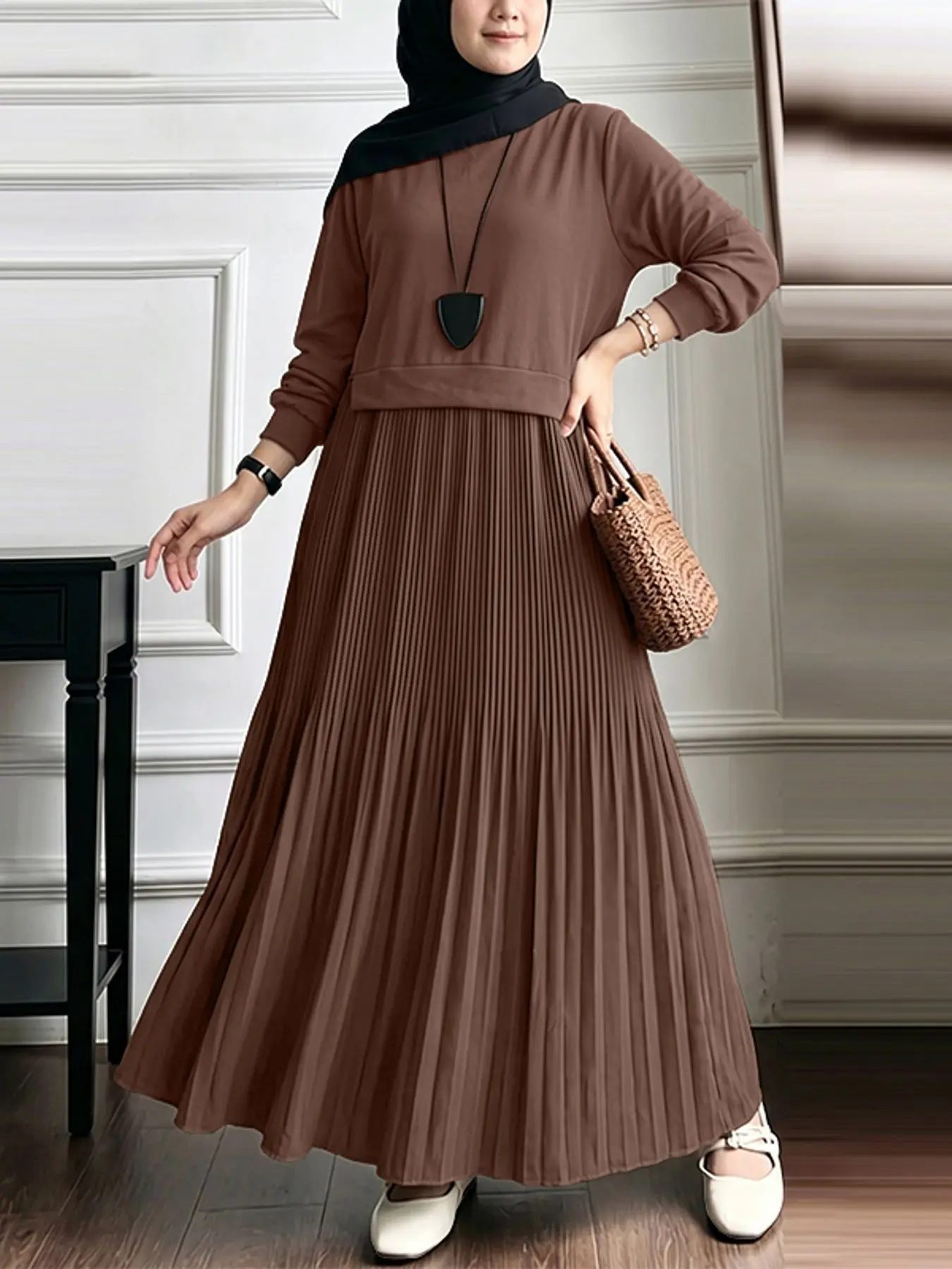 Women's Round Neck Long Sleeve Asymmetrical Patchwork Dress, Modest Fashionable Style, Casual Loose-Fitting Plain Design, Spring & Fall Fashion, No Pockets, Long Sleeve Dresses