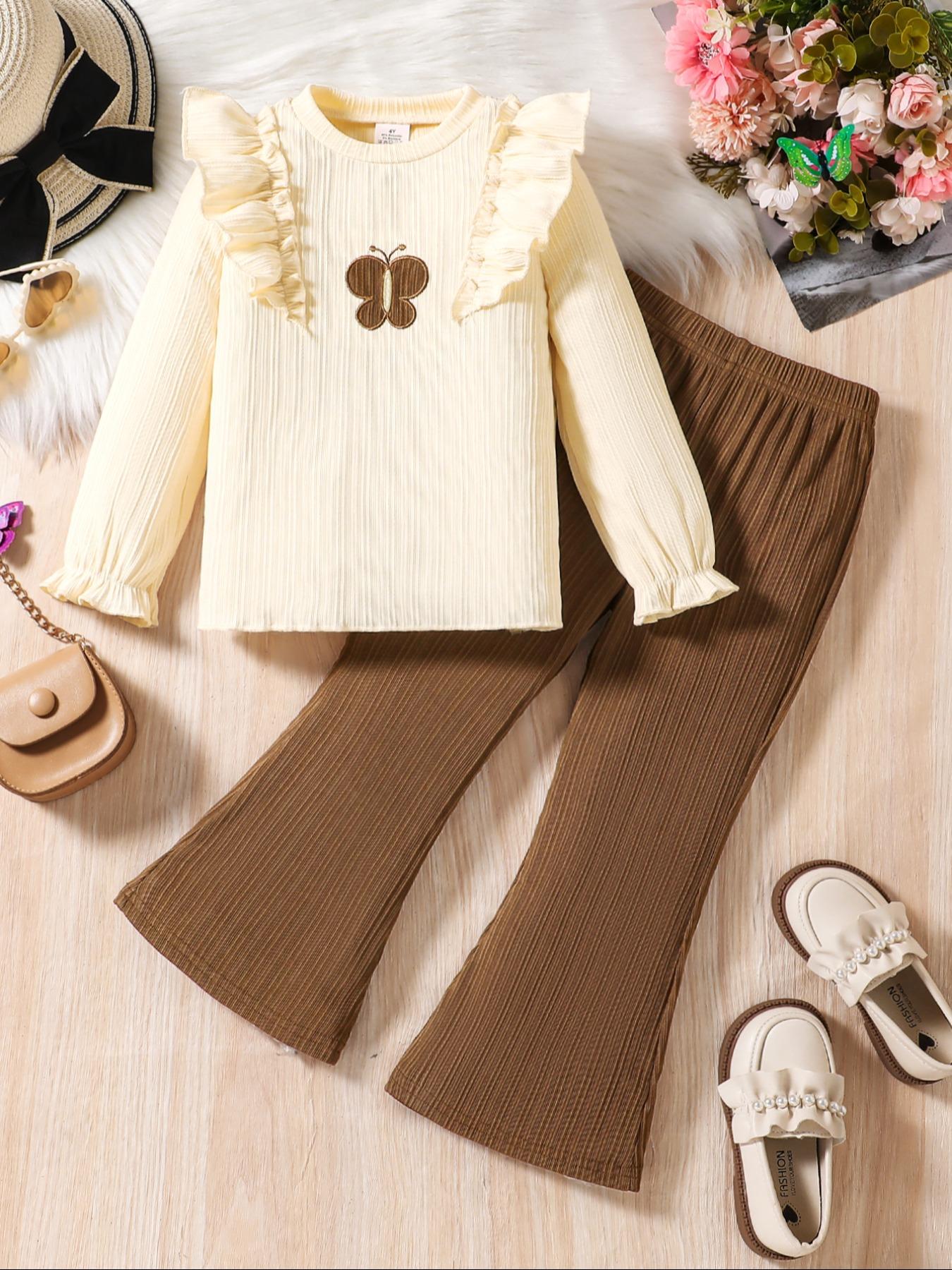 Autumn New Girl Cute Casual Elegant Set, Lotus Hem Long Sleeve Top + Solid Color Elastic Waist Loose Fit Pants, Kids Fashion