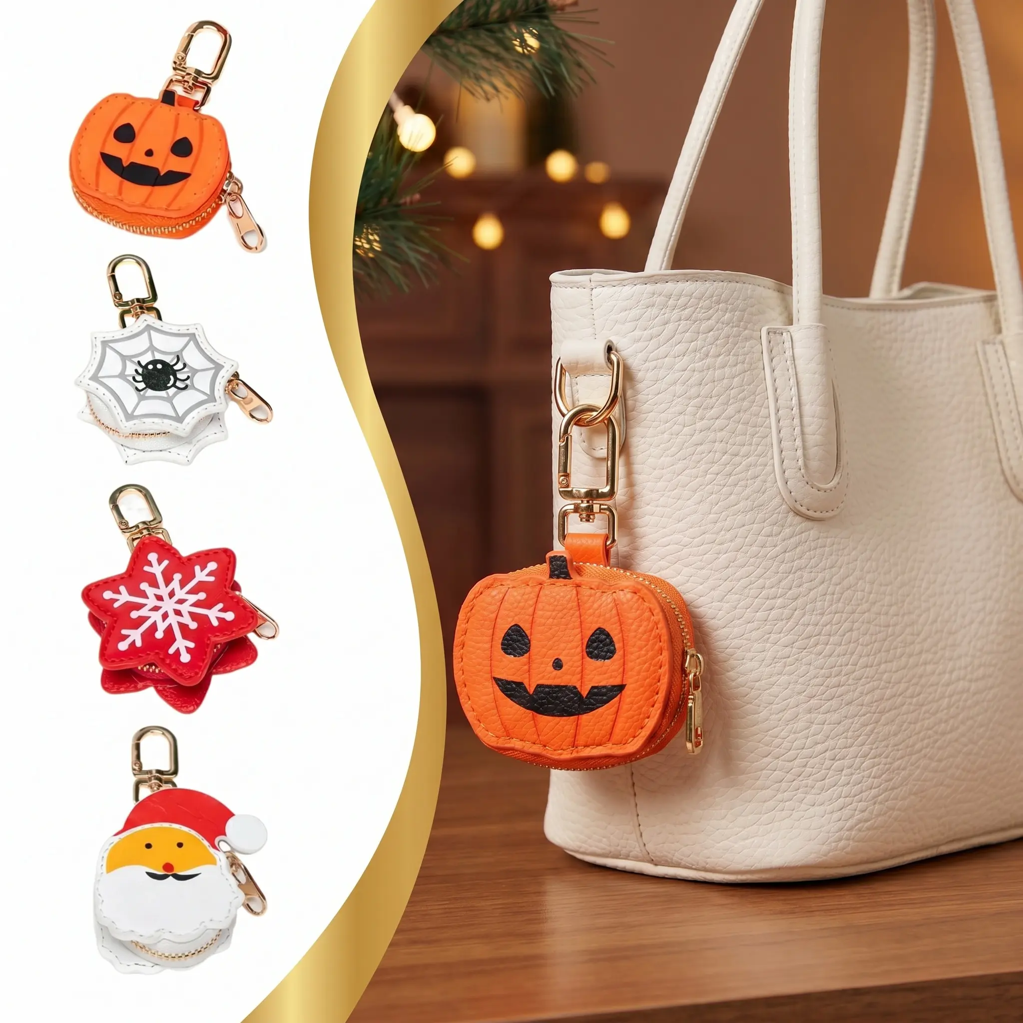 Festival Mini Zipper Coin Purse Bag Charm, Pu Leather Earbuds Storage Bag With Lobster Clasp, Halloween Pumpkin Santa Snowflake Spider Web Decor Keychain, Women Girls Bag Ornament Accessories, Tiktok Viral Holiday Gift Car Key Airpods Pouch-YY0