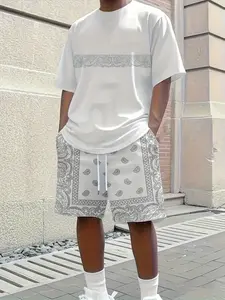 Men's 3D Paisley Print Suit, Crew Neck Short-sleeved T-shirt and Drawstring Shorts two-piece Set, Summer Hip-hop Street Sportswear Suit