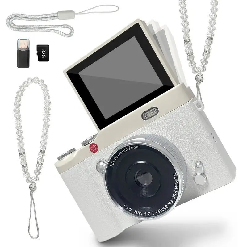 2026 New Model,Portable HD digital retro camera, 16x digital zoom, retro Vlog video recording, 2.4-inch 180 flip screen selfie camera, CCD flash, memory card not included, high-resolution camera, a must-have holiday gift