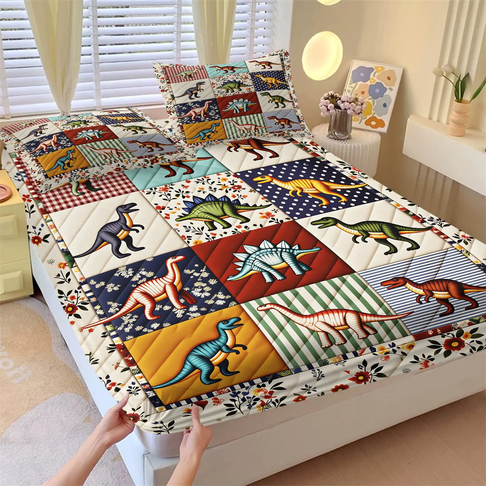 Vintage Cartoon Patchwork Dinosaur 3Pcs Print Fitted Sheet Set and 2 Pillowcases No Core, Retro Grid Dino Floral Pattern Kids Bed Set, Non Slip Elastic Deep Pocket Mattress Protector, Trendy Decor For Boys Children Bedroom Bedsheet Sets