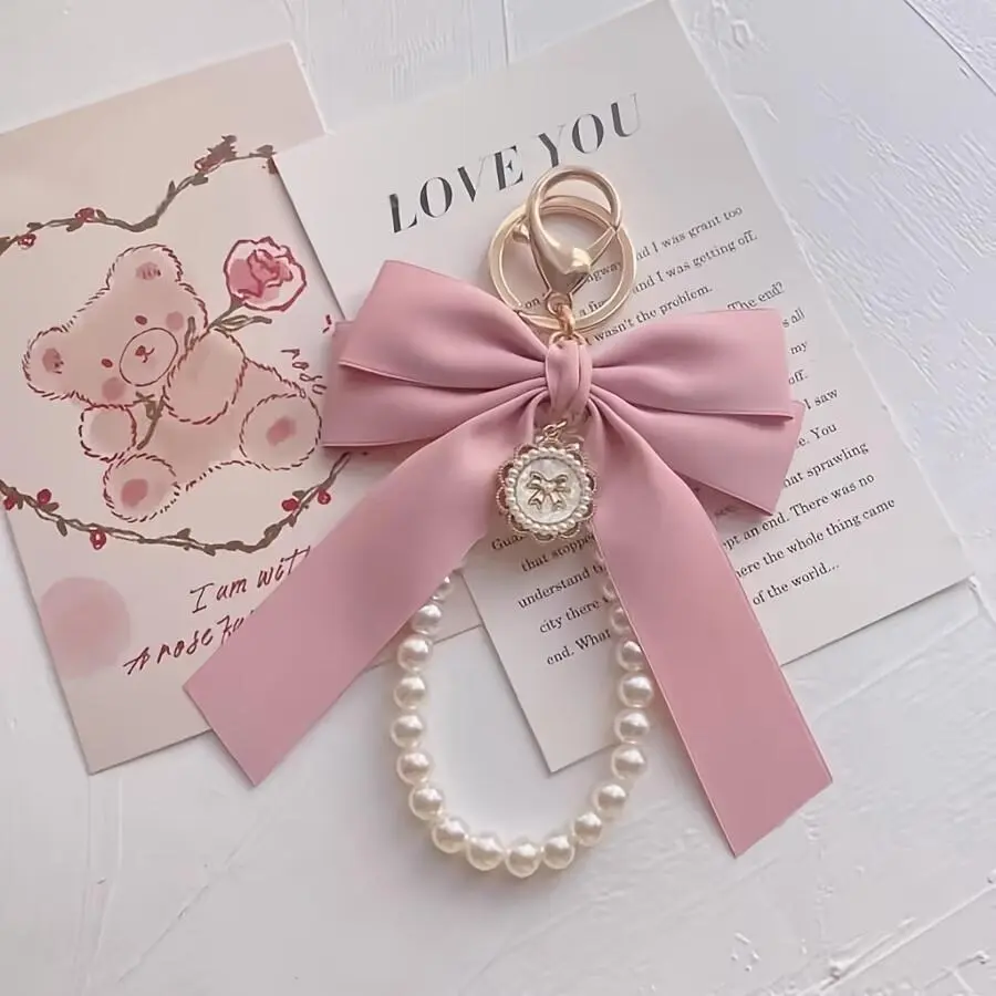1pc Large Bow Keychain Suitable for Women's Bag Accessories, Lobster Claw Clasp with Large Bow & Beads Charm, Car Keychain Pendant for, College Students, Office Workers, Bag Charm Gift Decoration