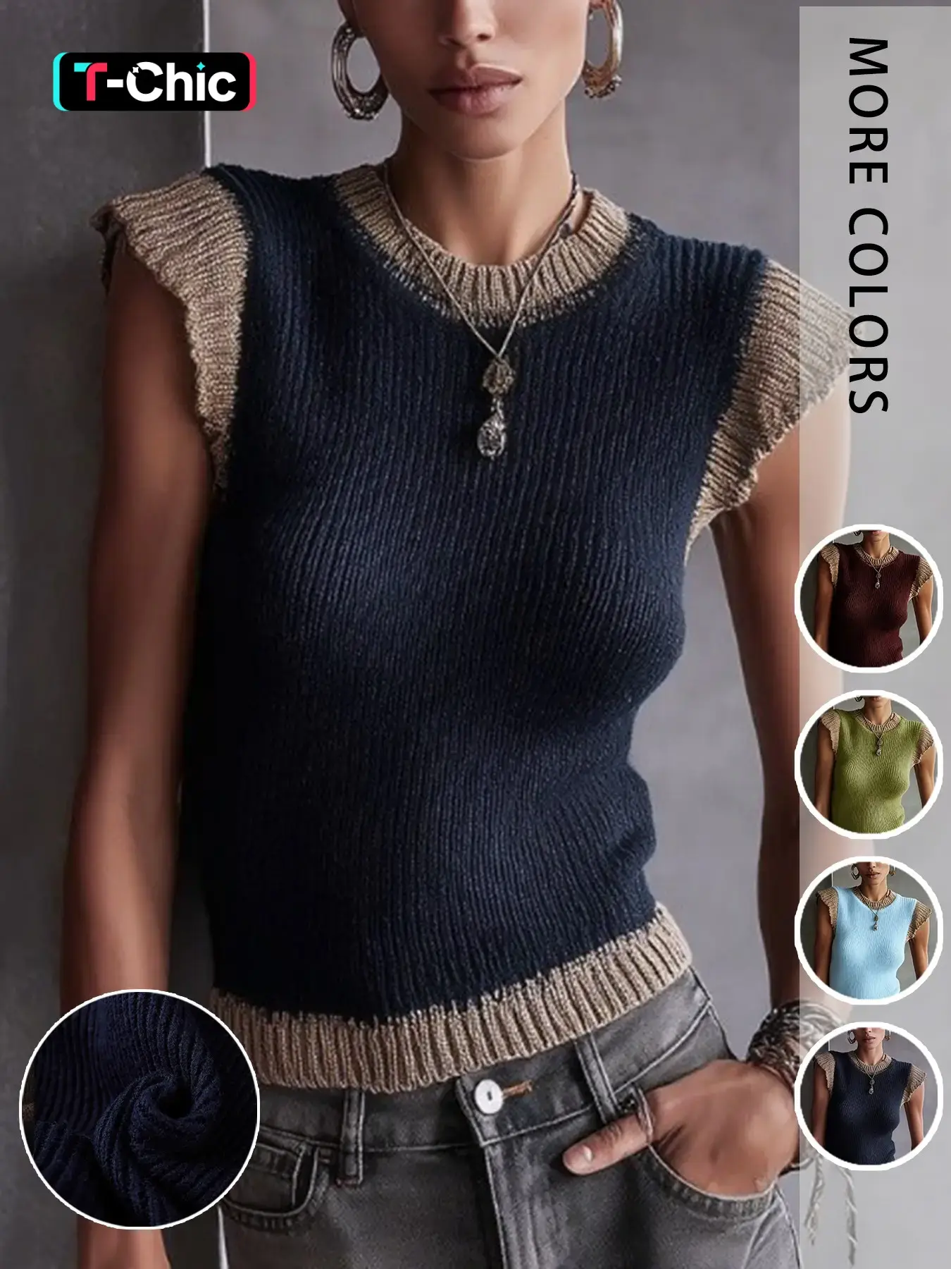 Vintage Colorblock Sleeveless Knit Vest Tops for Women, Textured Slim Fit, Casual Daily Wear, Layering Essential, Comfortable and Stylish