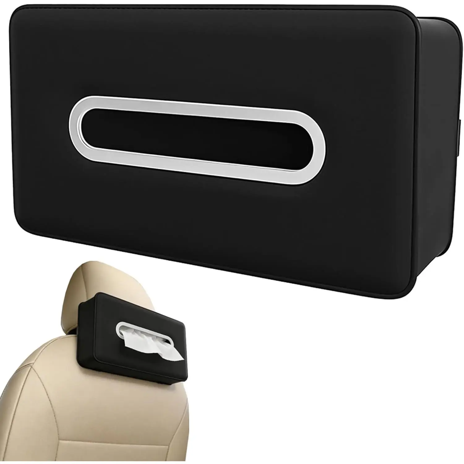 Upgraded  Tissue Holder,  PU Leather Backseat Tissue Case Holder for 100-150 Regular Size Tissues,Foldable Tissue Holder 9.45 × 5.24 × 3.54 in, Black