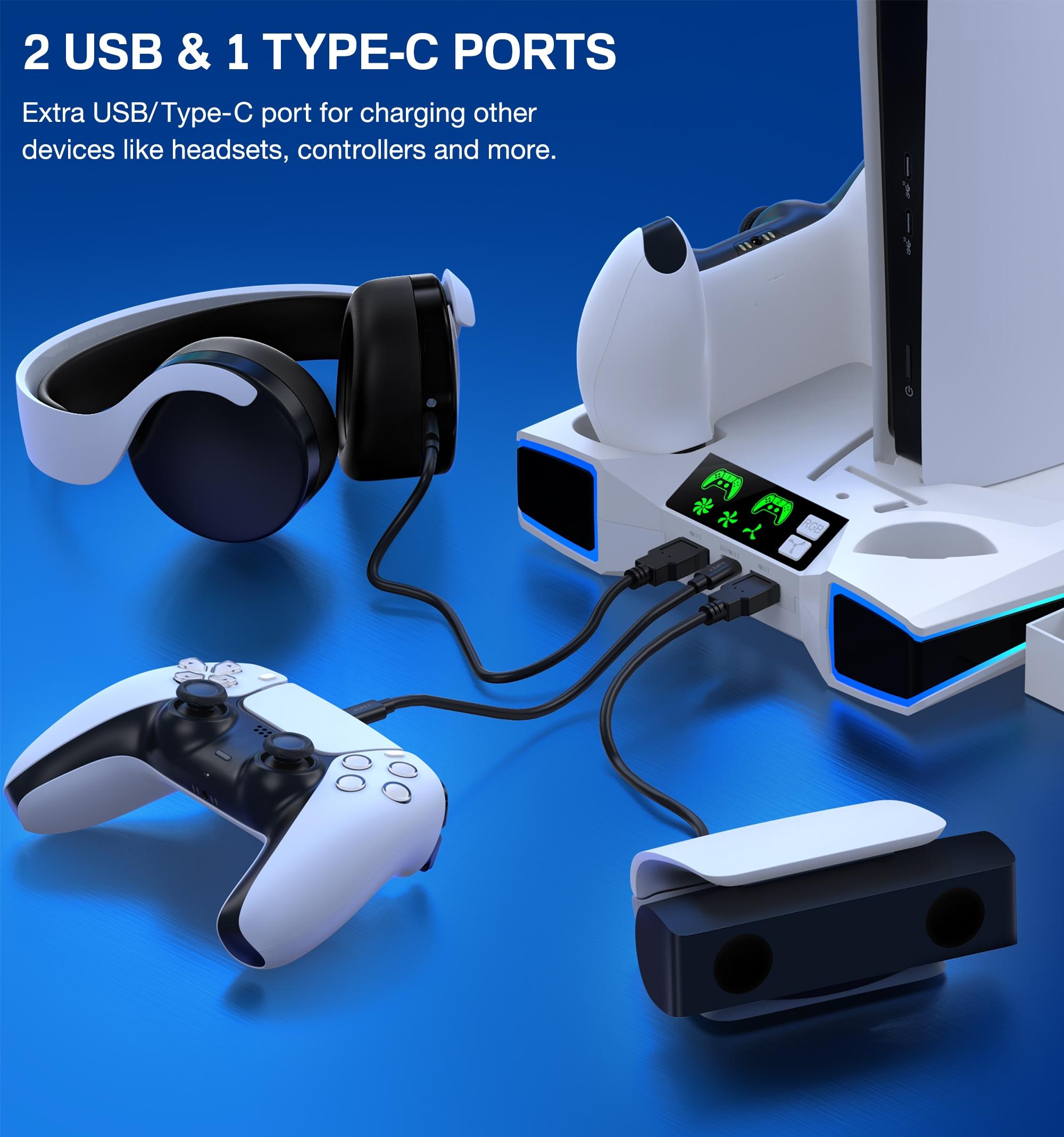 PS5 / PS5 Slim Cooling Station with Dual Controller Charging Station for PS5 Console, with Controller Charger, Cooling Fan, Headset Holder, 3 USB Hub