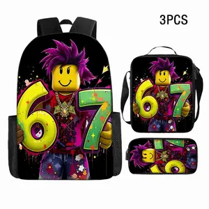 Roblox Style "67" Graffiti 3-Piece Backpack Set, Street Art Print School Bag + Lunch Bag + Pencil Case, Oxford Cloth Adjustable Strap Daypack for Gamers & Kids