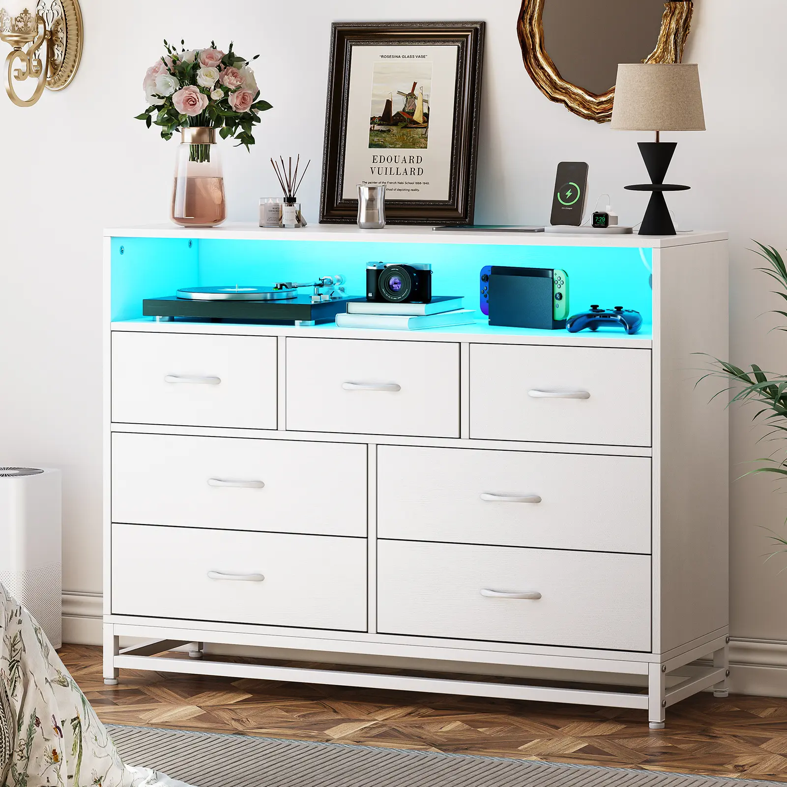 Pink 7-Drawer Dresser with Open Compartments, MDF, Particle Board and Metal Storage Cabinet with Light Strip and Power Outlet, Bedroom Organizer for Makeup, Closet, Apartment and Dressing Area