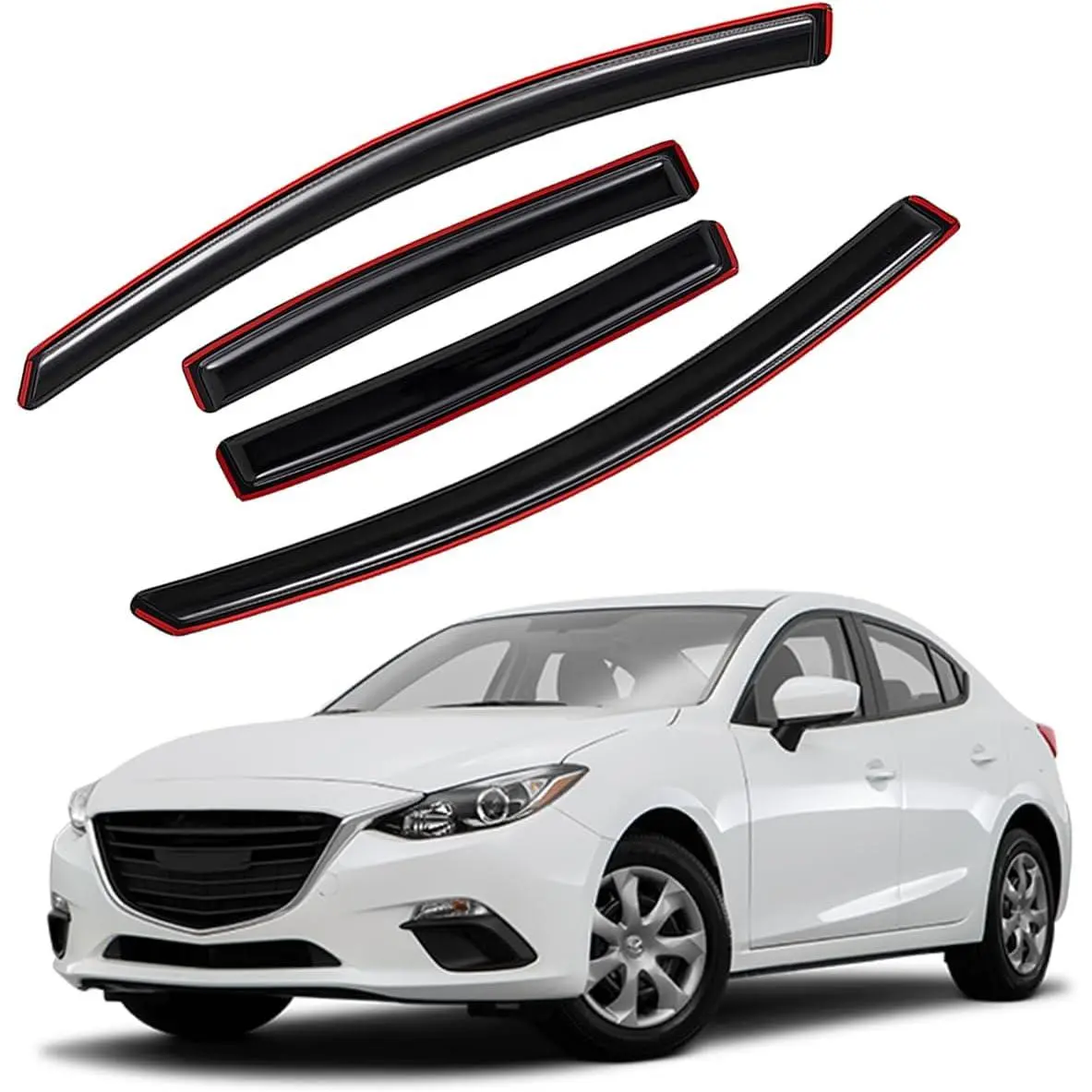 Lightronic Extra Durable Acrylic Clip-on In-Channel Car Window Visors, Custom Fit 2014-2018 Mazda 3 Sedan & Hatchback, Vehicle-Specific UV Protection Rain Guards, Car-Wash Friendly Dark Smoke 4-Pcs