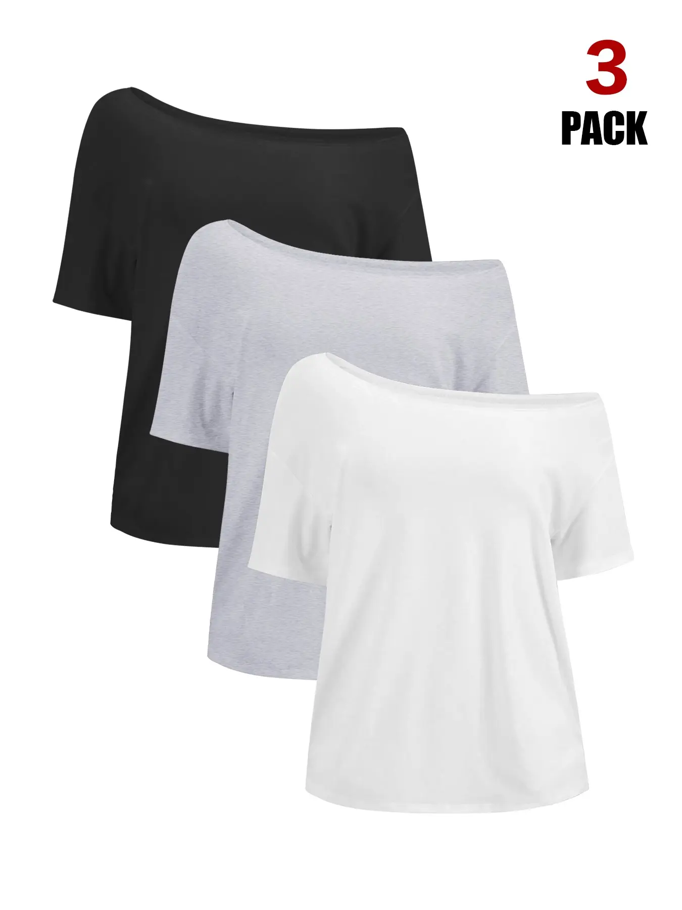 3-pack，Women's Summer Loose Fit Off-Shoulder T-Shirt, Asymmetrical Design, Breathable & Comfortable, Perfect for Daily Wear