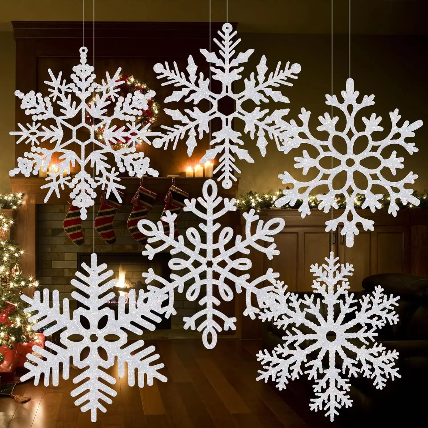 6 Pack 16" Large Glitter  Snowflake Decorations, White | Large white plastic snowflakes for indoor and outdoor Christmas decor, including porches, trees and  displays