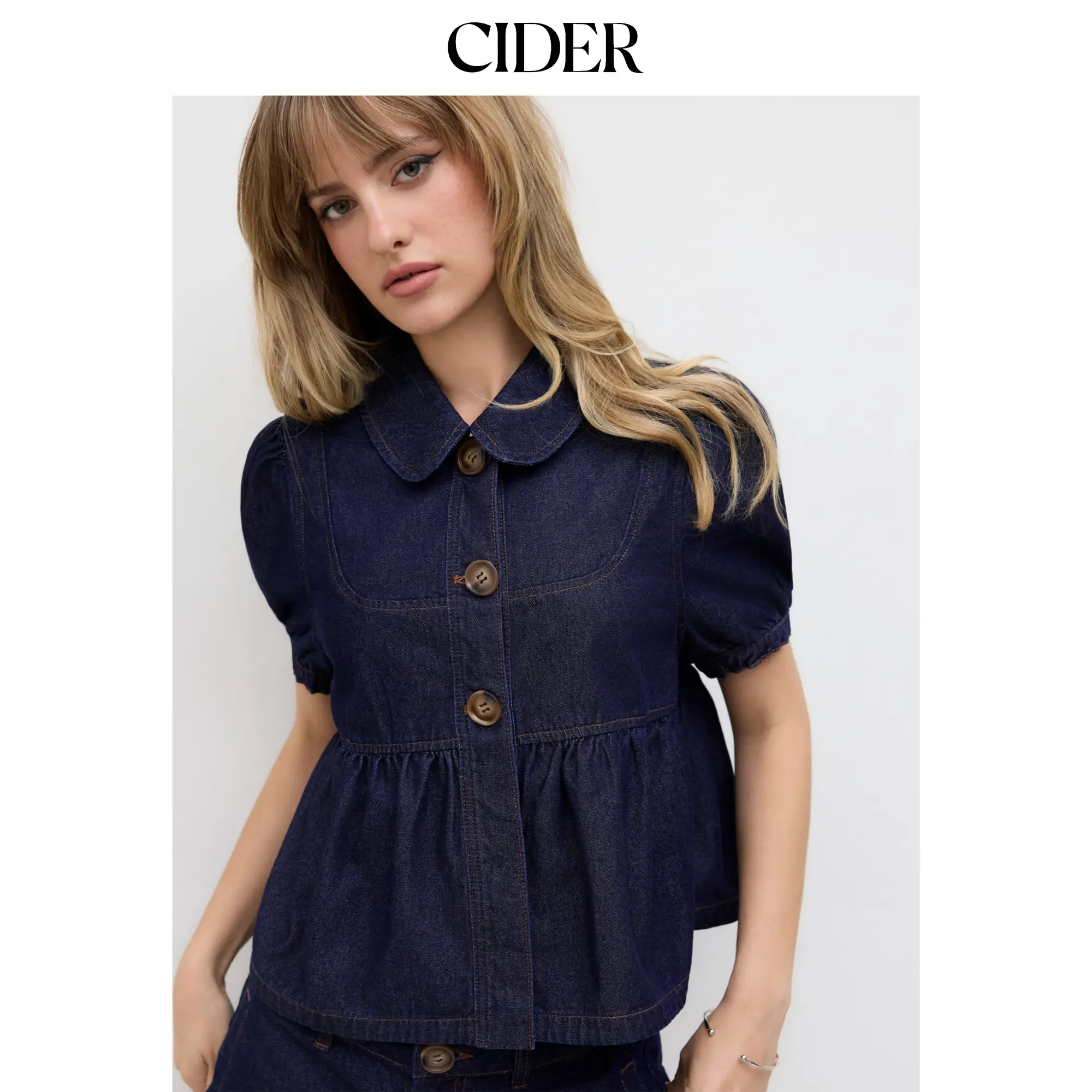 Cider Denim Peter Pan Collar Ruched Puff Sleeve Blouse Cider Denim Peter Pan Collar Ruched Puff Sleeve Blouse
