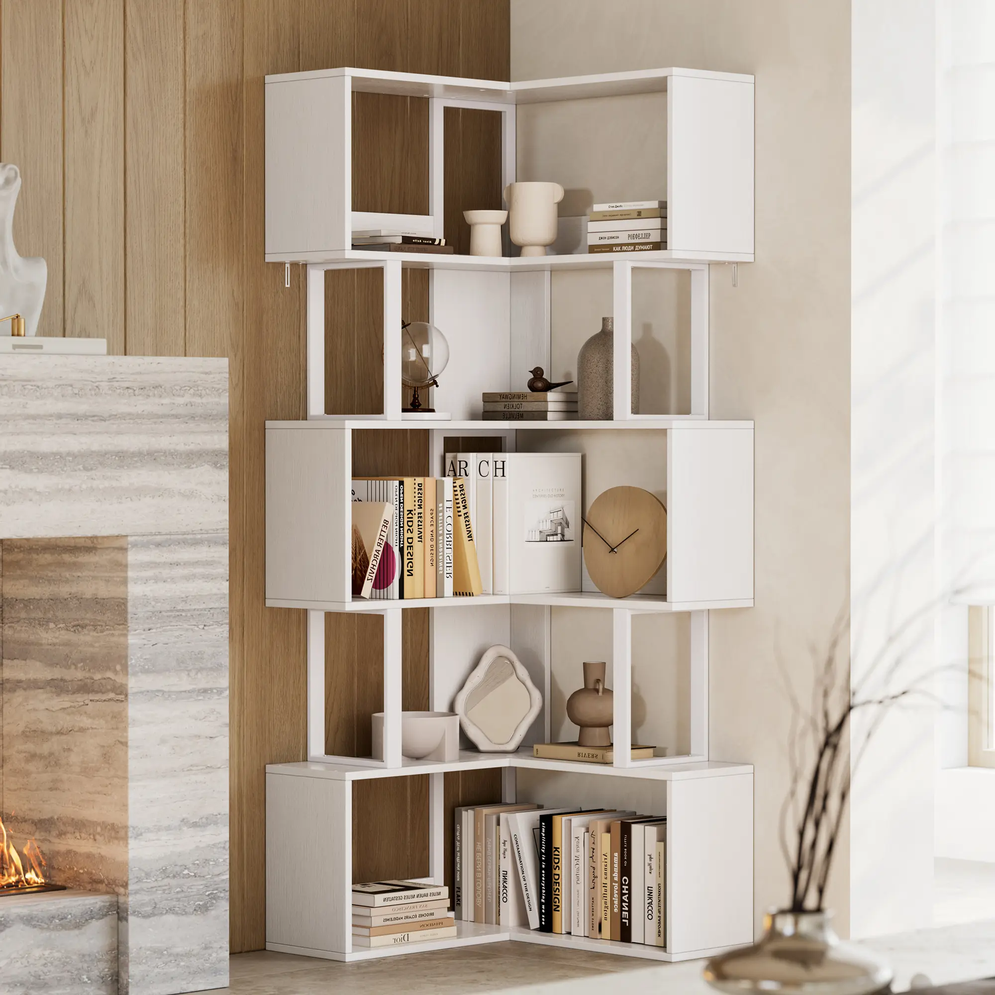 L-Shaped Corner Bookshelf, 62.6" Tall 5-Tier Freestanding Corner Bookcase - Metal Frame & Engineered Wood - Baffle Panels, Space-Saving Display Storage for Home Office/Living Room