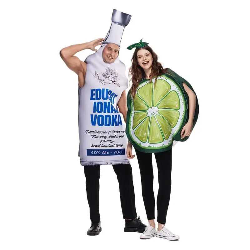 2 Pcs Couples Adults Vodka Bottle and Lime Slice Drink Suit Halloween Costumes Women and Men Food Drinks Party Cosplay Carnival