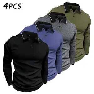 4-Pack Men's Long Sleeve Polo Shirts, Casual Collared Golf Shirts with Contrast Stripe Collar, Button Placket Tops for Business Casual Work, Travel, Fall Winter Outfits and Gifts for Men