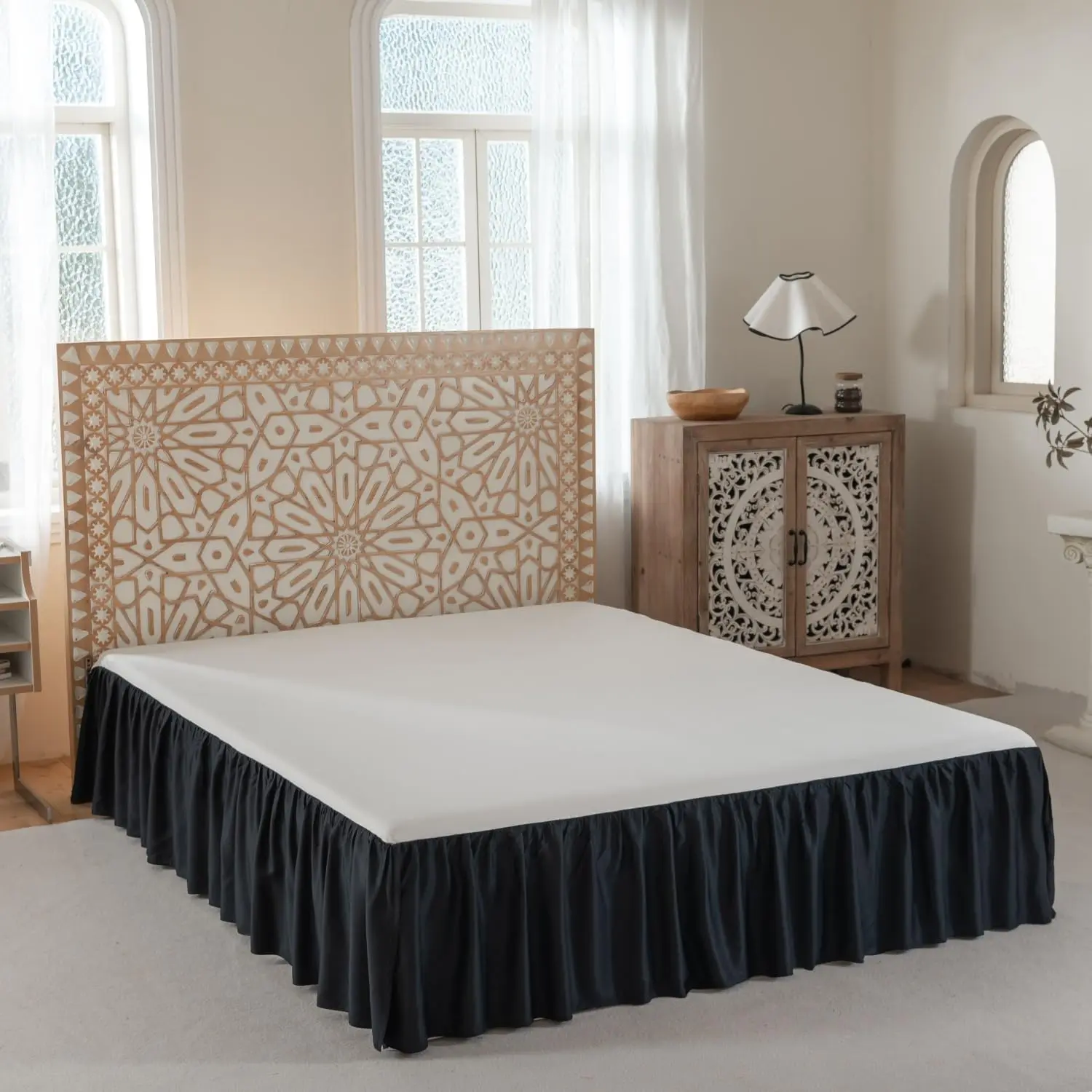 Bed Skirt King Size Ruffled Bed Skirt with Split Corners, 14 Inch Drop Dust Ruffle Bed Skirts with Platform, Rayon Derived from Bamboo, Breathabloft, Black