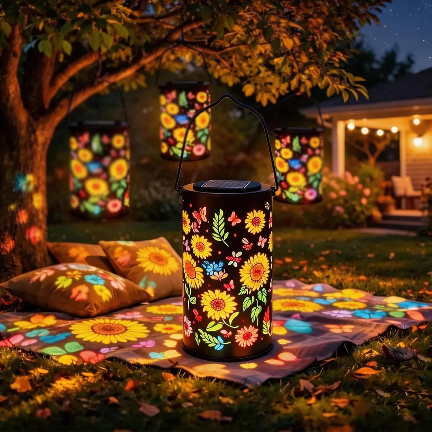 Colorful Solar Lanterns Outdoor Waterproof, Garden Decor Gifts for Women Mom Grandma - LED Colorful Sunflower Solar Powered Lights Metal Hanging Lantern for Outside Garden Patio Yard Lawn Porch Decor