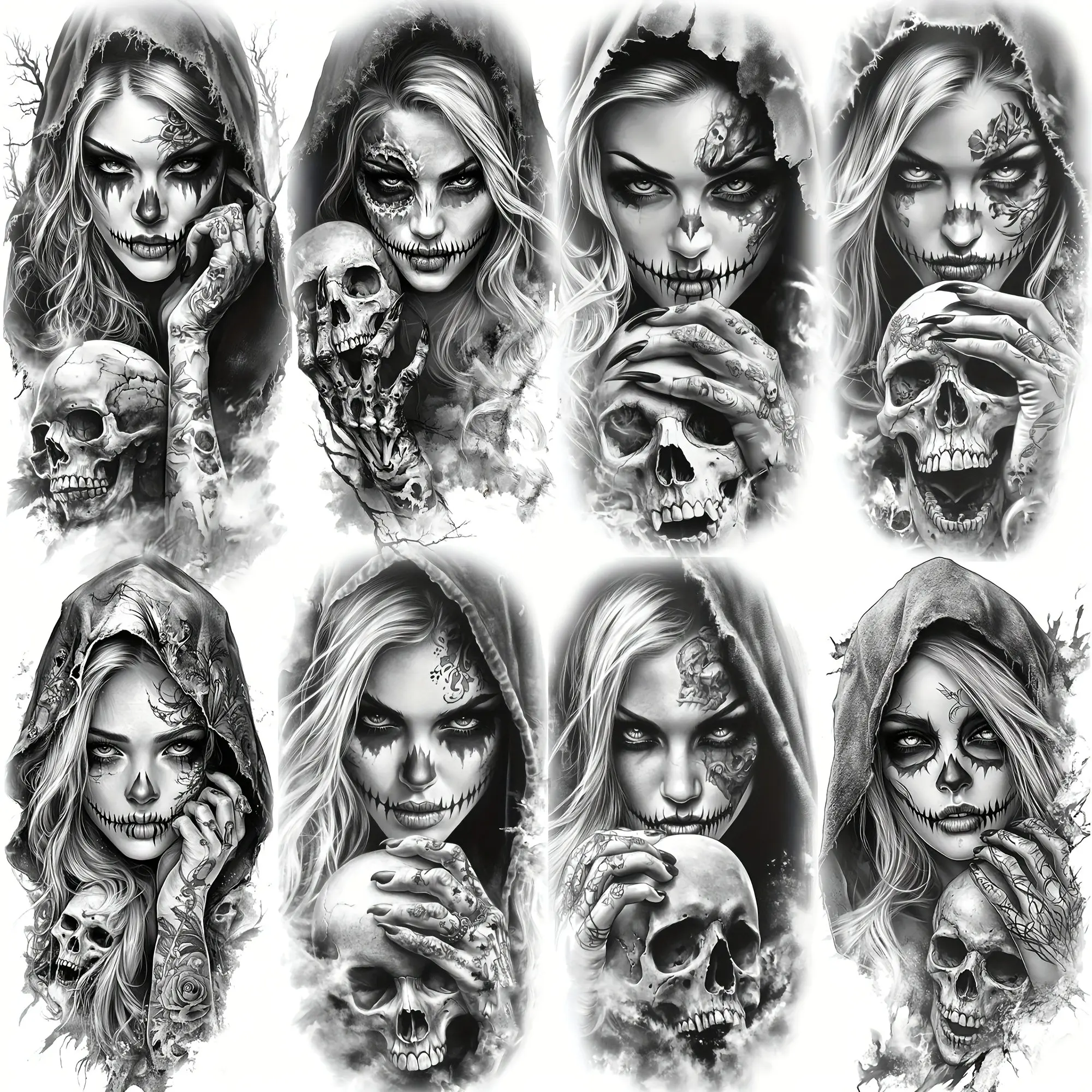 8 Sheets Evil Witch Skull Temporary Tattoos, Long Lasting Waterproof Zombie Fake Tattoo Stickers, Halloween Forearm Sleeve Decals, Body Fake Tattoos