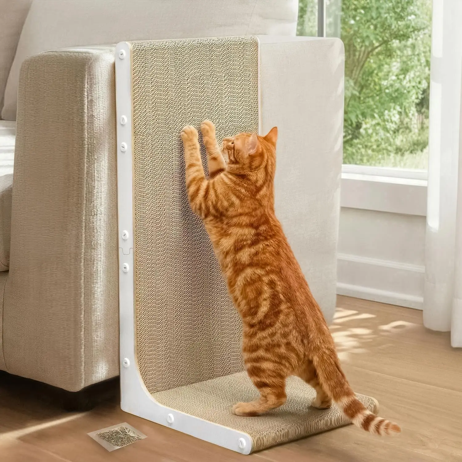 Cat Scratcher Lounge, 23 Inch L-Shaped Cat Scratch Pad, Vertical & Horizontal Scratching 1.2" Thick Cardboard with Fun DIY Stickers, Durable, Eco-Friendly