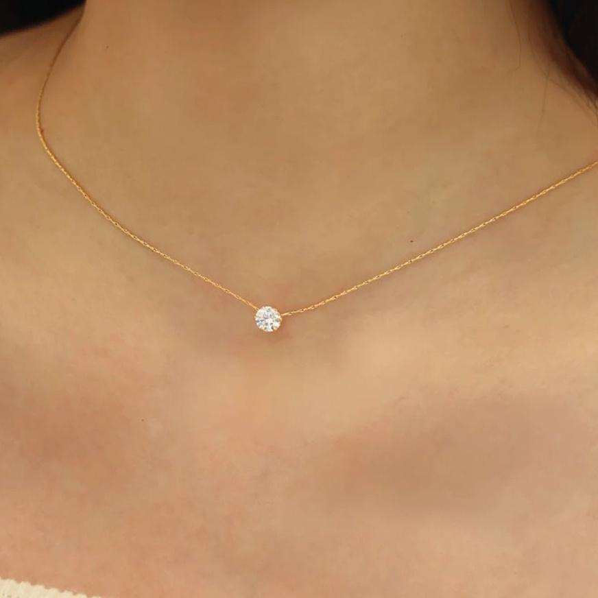 Minimalist Diamond Pendant Necklace for Women – Round Clear 6-Prong Collarbone Chain, valentine's gifts for her