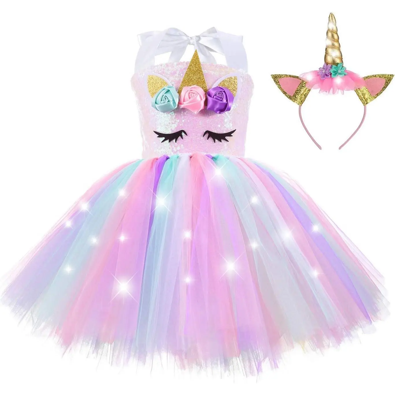 Light Up Unicorn Costume for Girls with LED Dress and Headband, Sequin Tutu Top, Halloween Christmas Party Outfit, Kids Birthday Gift(Gift)