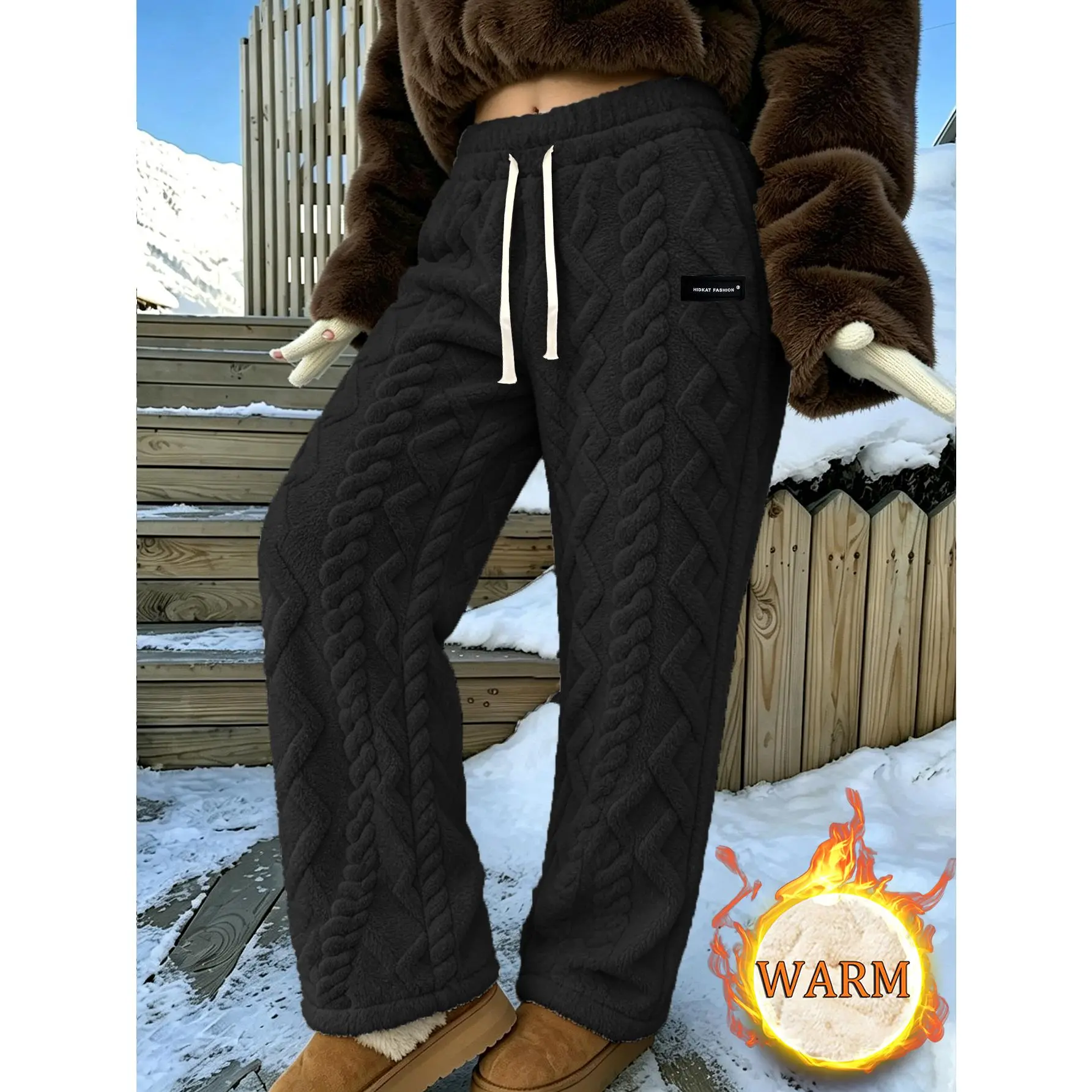 Winter Women's Warm Casual Pants, Thickened with Velvet and Textured Jacquard Fabric, Suitable for Daily Wear and Snow Travel in Winter