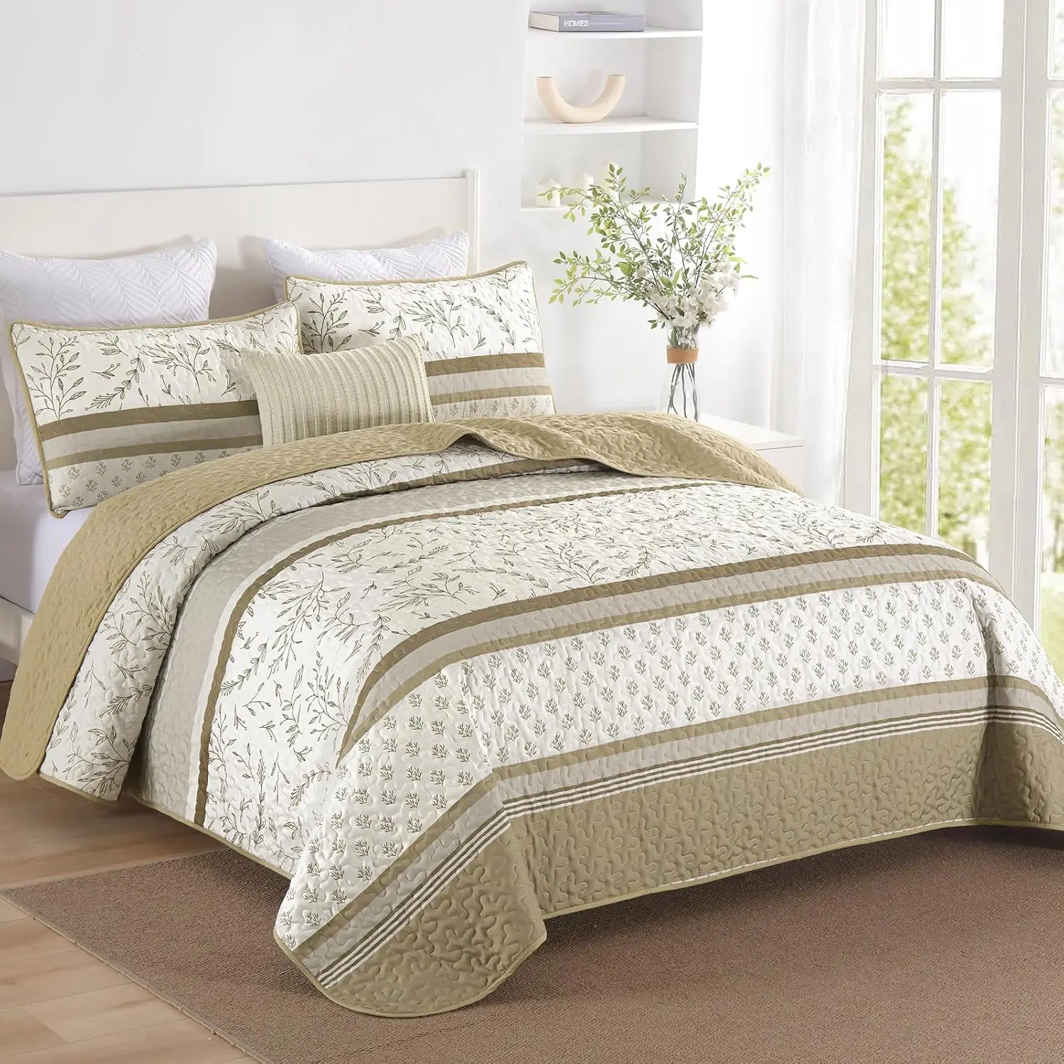 Striped Set Queen Size, Light Brown Boho Striped Patchwork Leaves Printed Bedspread Coverlet Set 3 Pieces Soft Lightweight Microfiber Quilted Bedding Set for All Season (96"x90")